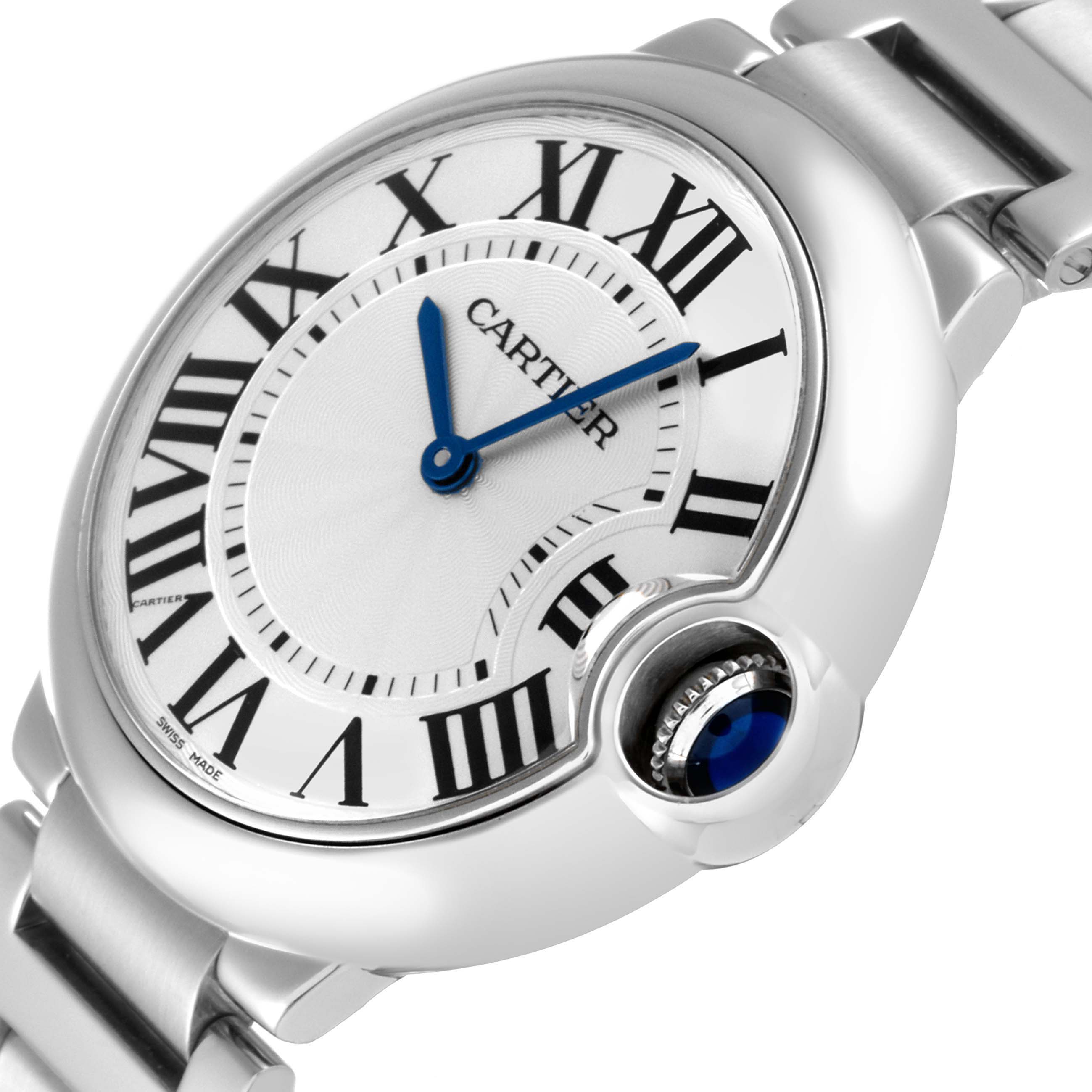 The image shows a close-up of the Cartier Ballon Bleu W69011Z4 Men
s Stainless Steel Silver Dial W69011Z4 Men
s Stainless Steel Silver Dial watch, highlighting the dial, Roman numerals, and blue hands.
