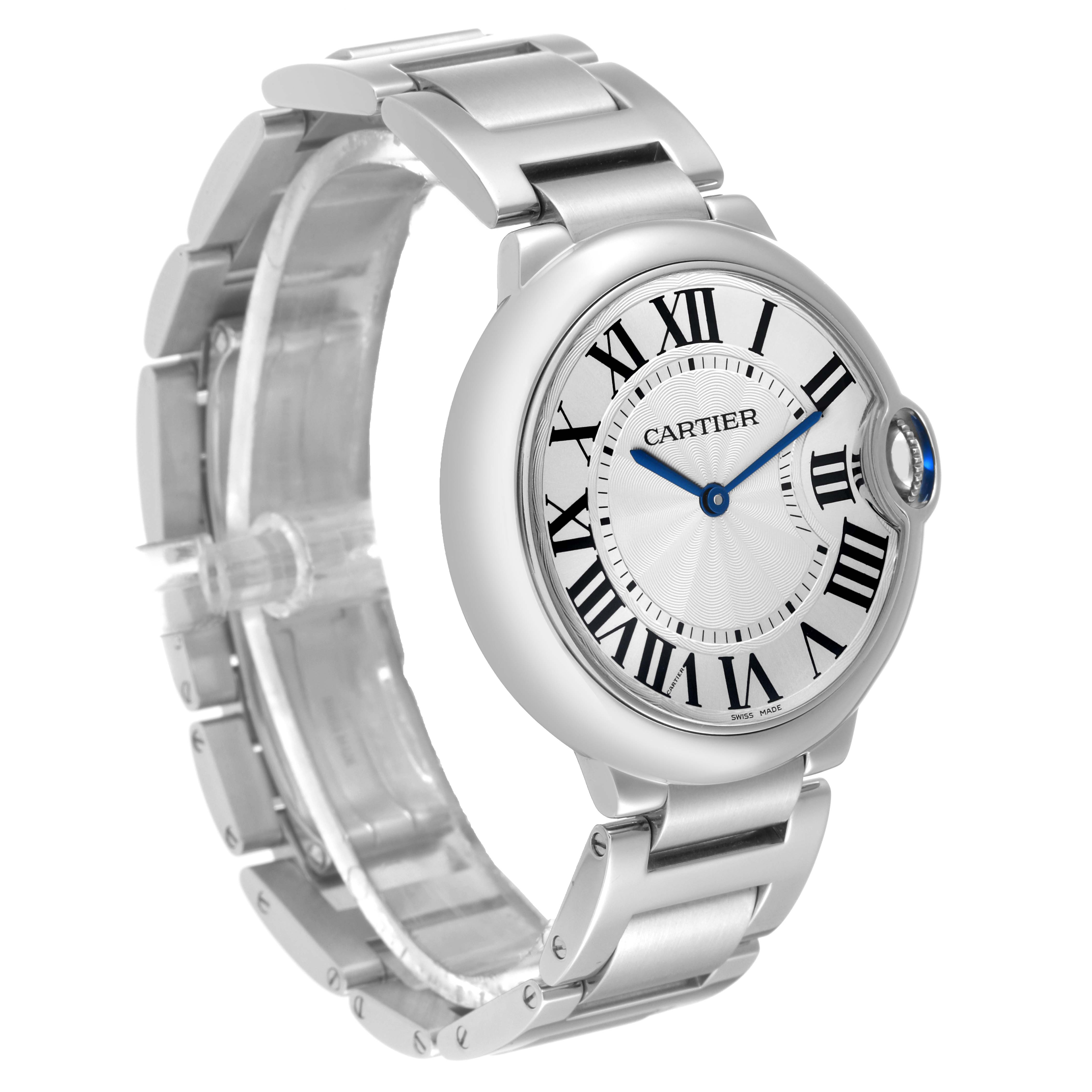 This image shows a Cartier Ballon Bleu W69011Z4 Men
s Stainless Steel Silver Dial W69011Z4 Men
s Stainless Steel Silver Dial watch at a three-quarter angle, highlighting the face, bezel, and part of the bracelet.