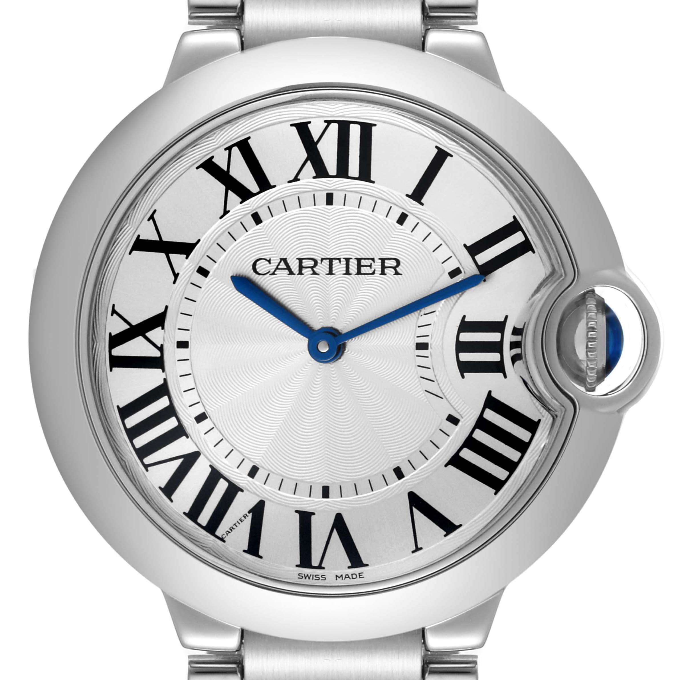 The image shows a front view of the dial and crown of the Cartier Ballon Bleu W69011Z4 Men
s Stainless Steel Silver Dial W69011Z4 Men
s Stainless Steel Silver Dial watch, featuring Roman numerals and blue hands.