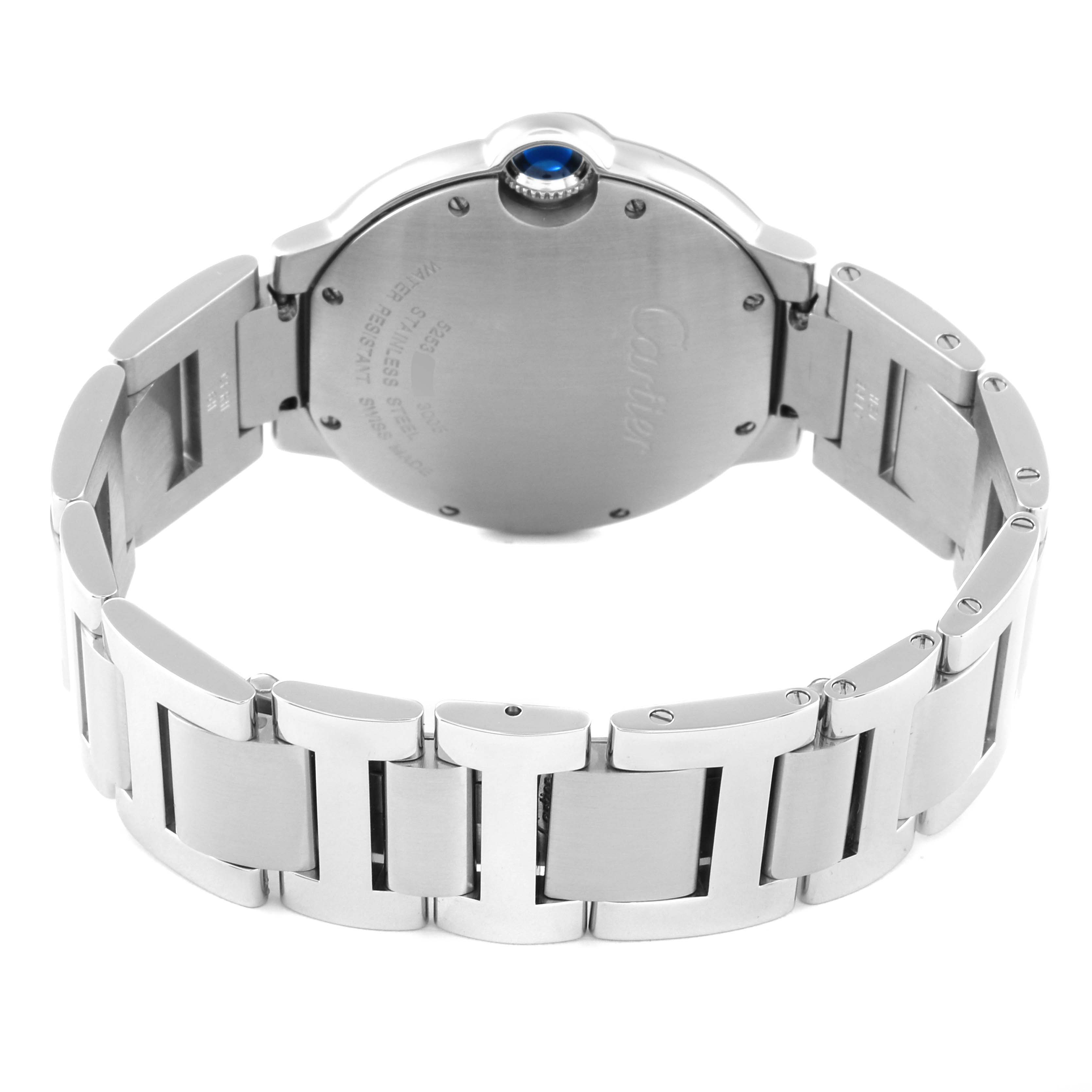 The image shows the back and bracelet of a Cartier Ballon Bleu W69011Z4 Men
s Stainless Steel Silver Dial W69011Z4 Men
s Stainless Steel Silver Dial watch from a rear angle.
