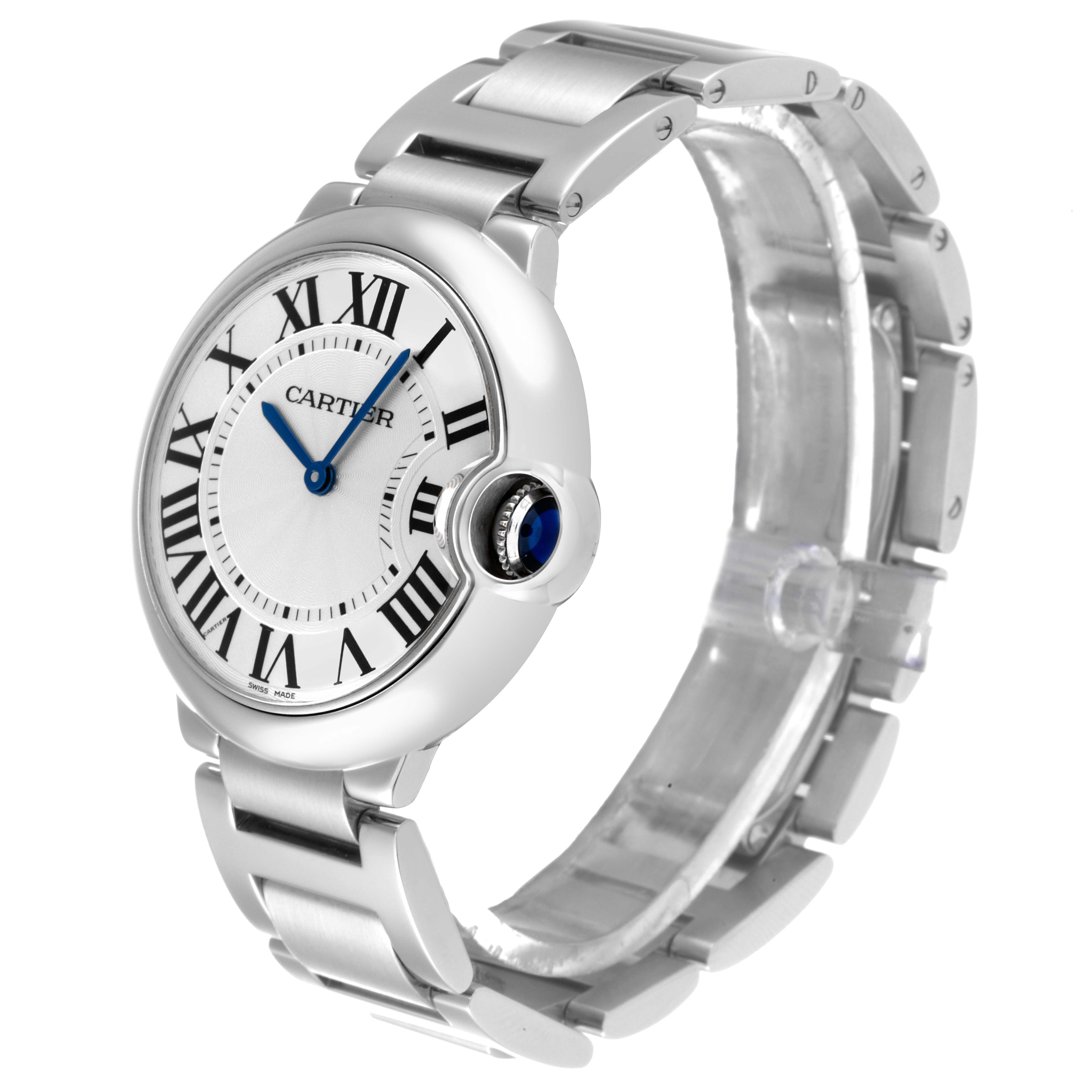 The image shows a Cartier Ballon Bleu W69011Z4 Men
s Stainless Steel Silver Dial W69011Z4 Men
s Stainless Steel Silver Dial watch with a silver stainless steel bracelet and a round face featuring Roman numerals.