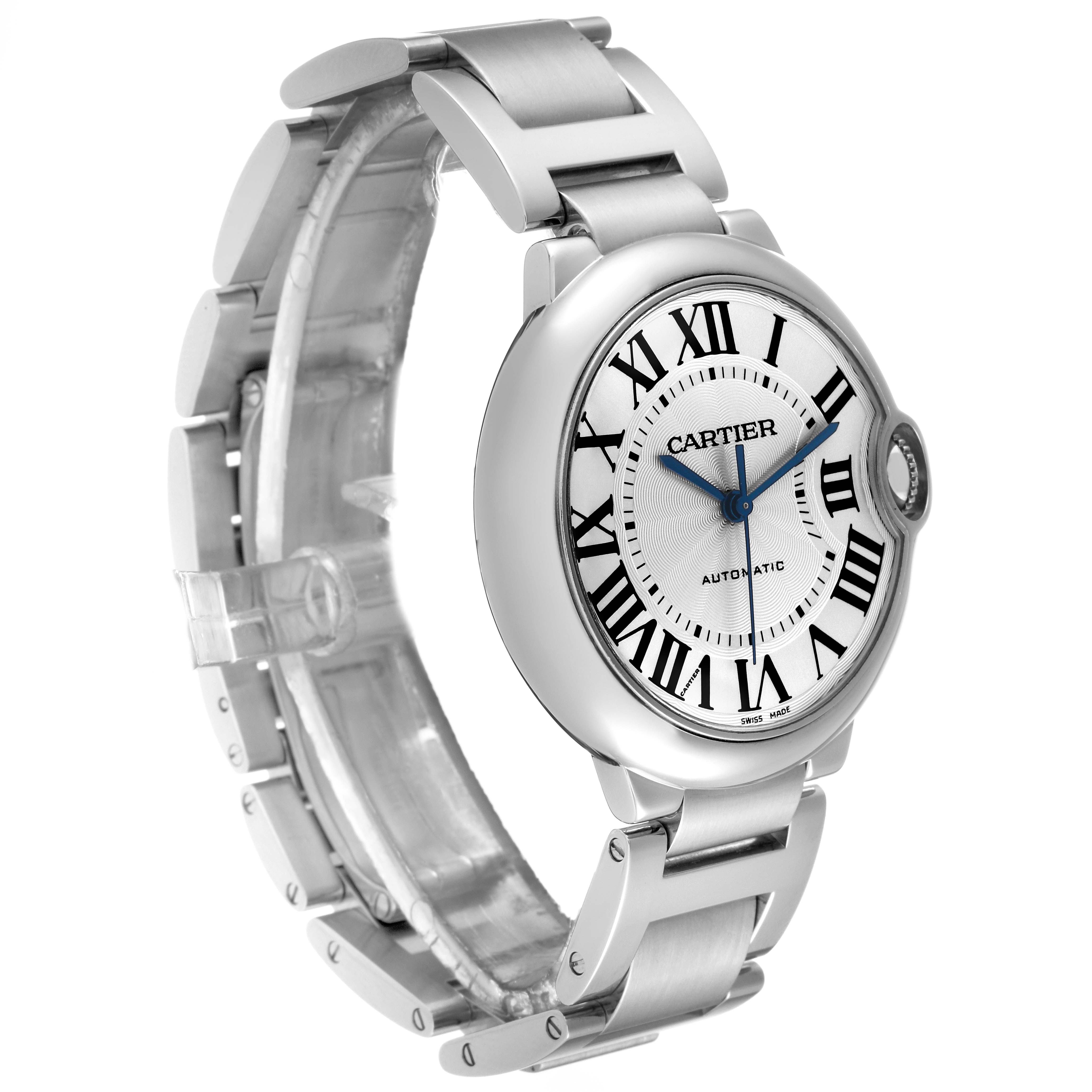 The image shows the front and left side of a Cartier Ballon Bleu W6920046 Women
s Stainless Steel Silver Dial W6920046 Women
s Stainless Steel Silver Dial watch, highlighting the face, bezel, and bracelet.
