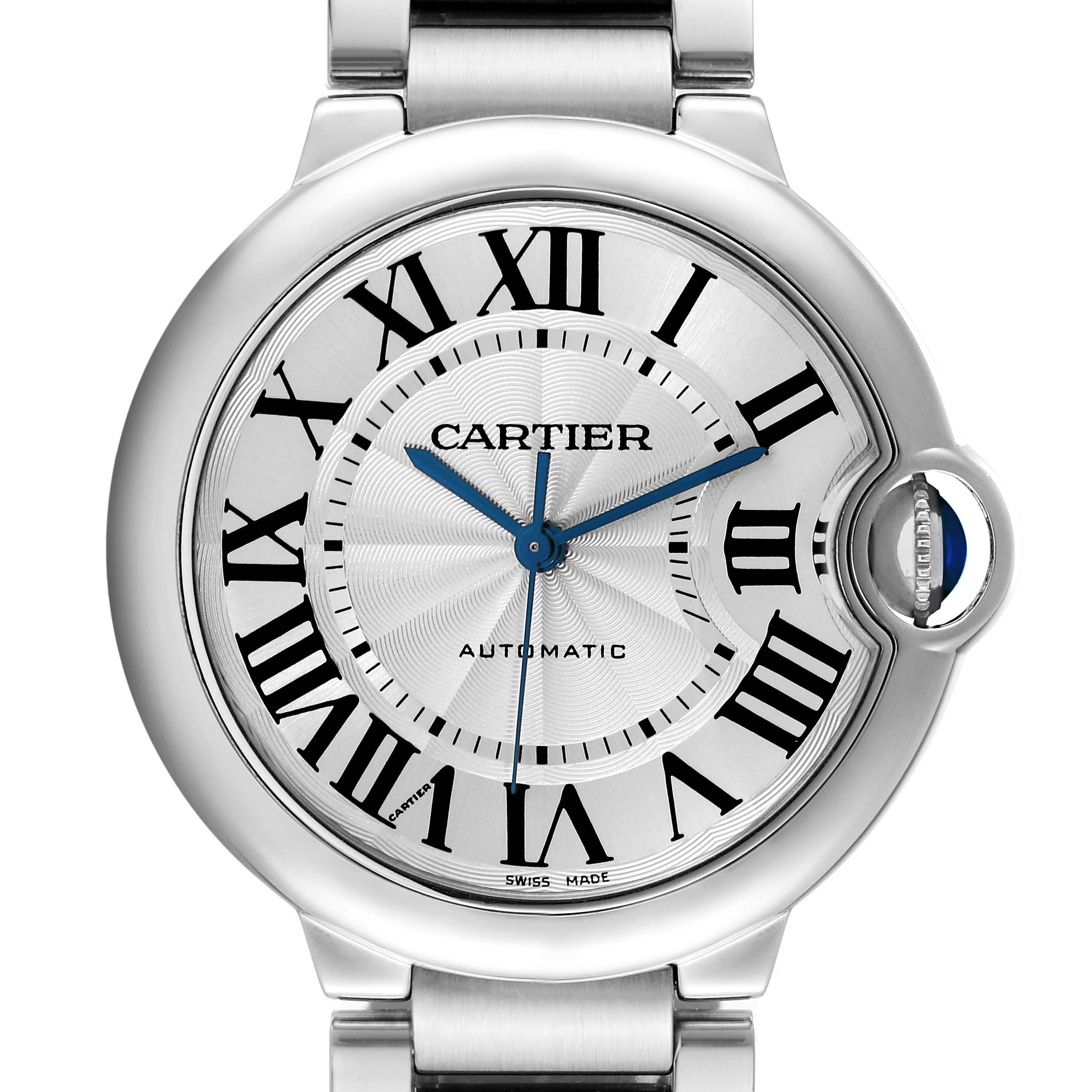 The image shows a close-up of the dial and bezel of the Cartier Ballon Bleu W6920046 Women
s Stainless Steel Silver Dial W6920046 Women
s Stainless Steel Silver Dial watch, highlighting its Roman numerals and blue hands.