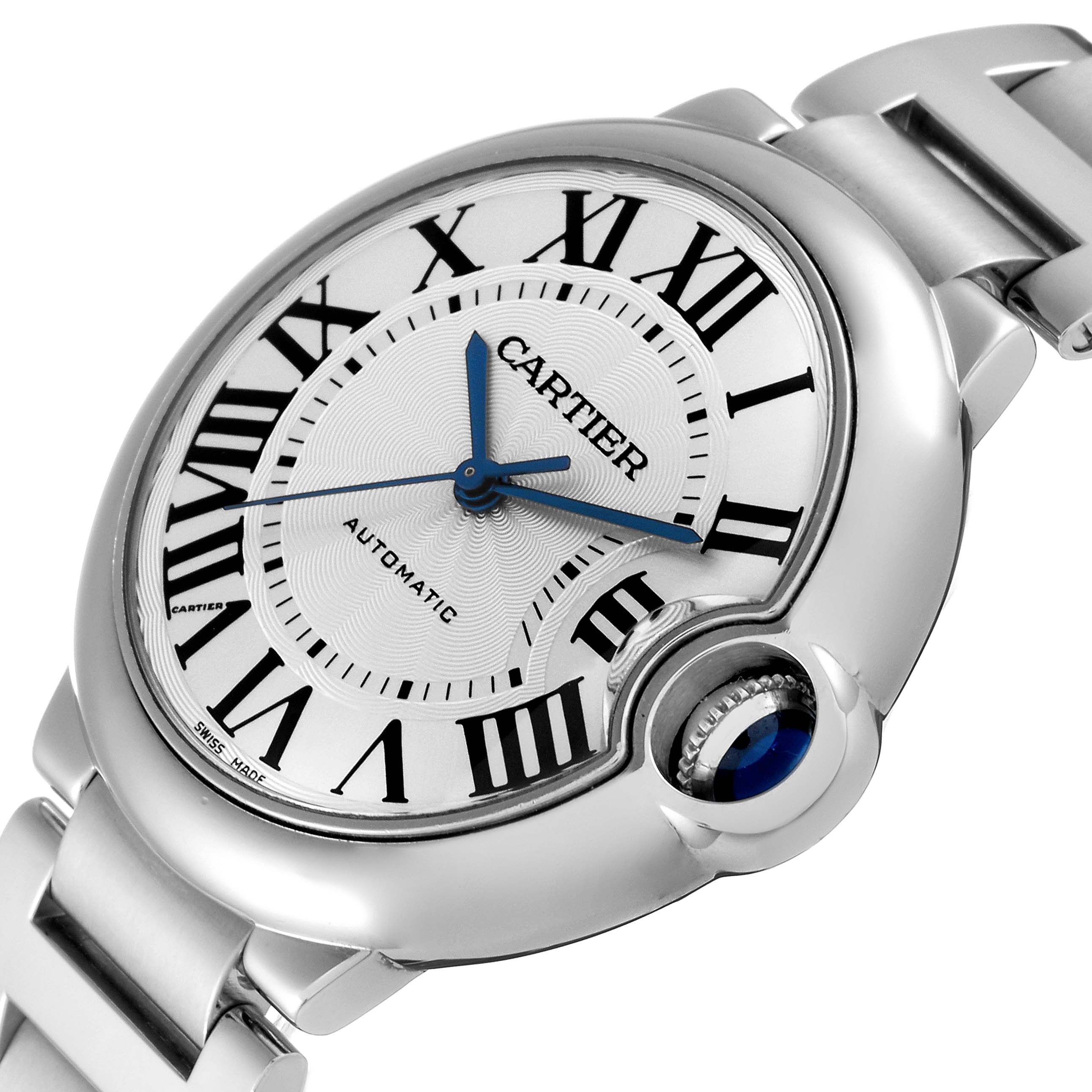 The image shows a close-up view of the Cartier Ballon Bleu W6920046 Women
s Stainless Steel Silver Dial W6920046 Women
s Stainless Steel Silver Dial watch face, highlighting the dial, crown, and part of the bracelet.