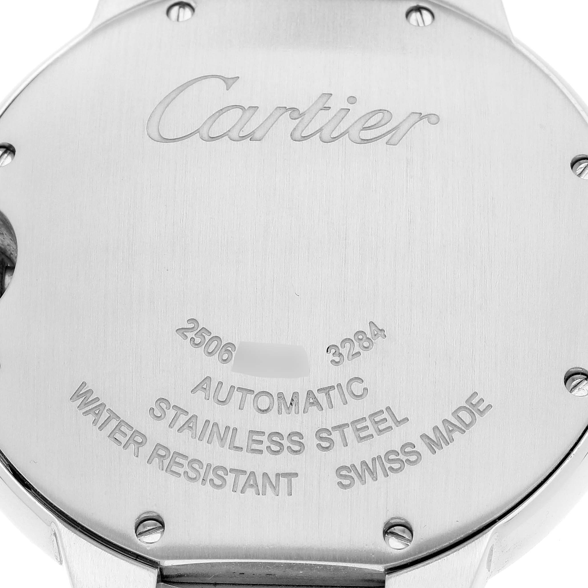 The image shows the back of a Cartier Ballon Bleu W6920046 Women
s Stainless Steel Silver Dial W6920046 Women
s Stainless Steel Silver Dial watch with engraved specifications.