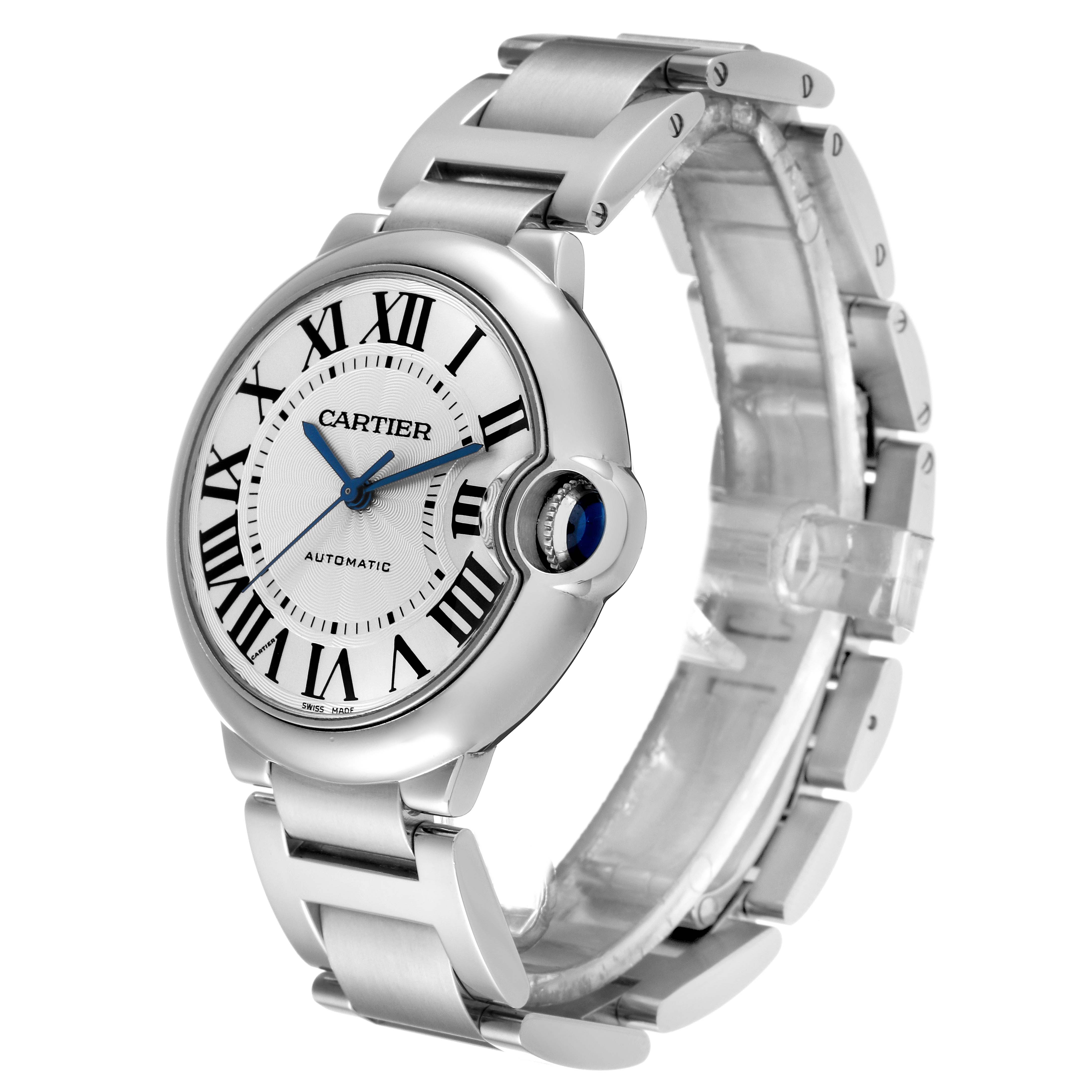 This Cartier Ballon Bleu W6920046 Women
s Stainless Steel Silver Dial W6920046 Women
s Stainless Steel Silver Dial watch is shown from a three-quarter angle, highlighting the face, bezel, bracelet, and crown.