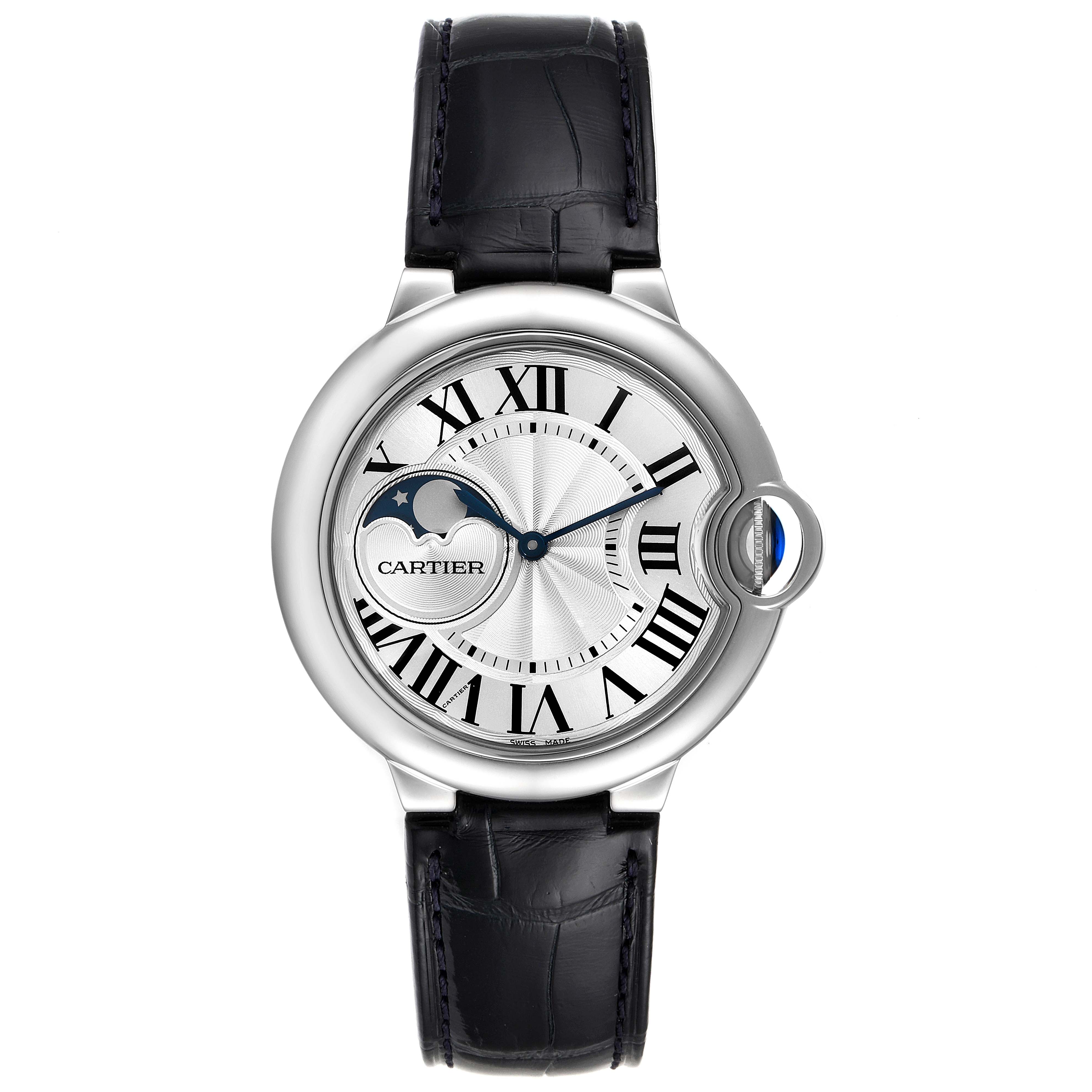 The Cartier Ballon Bleu WSBB0020 Men
s Stainless Steel Silver Dial WSBB0020 Men
s Stainless Steel Silver Dial watch is shown from a top view, focusing on the dial, case, and leather strap.