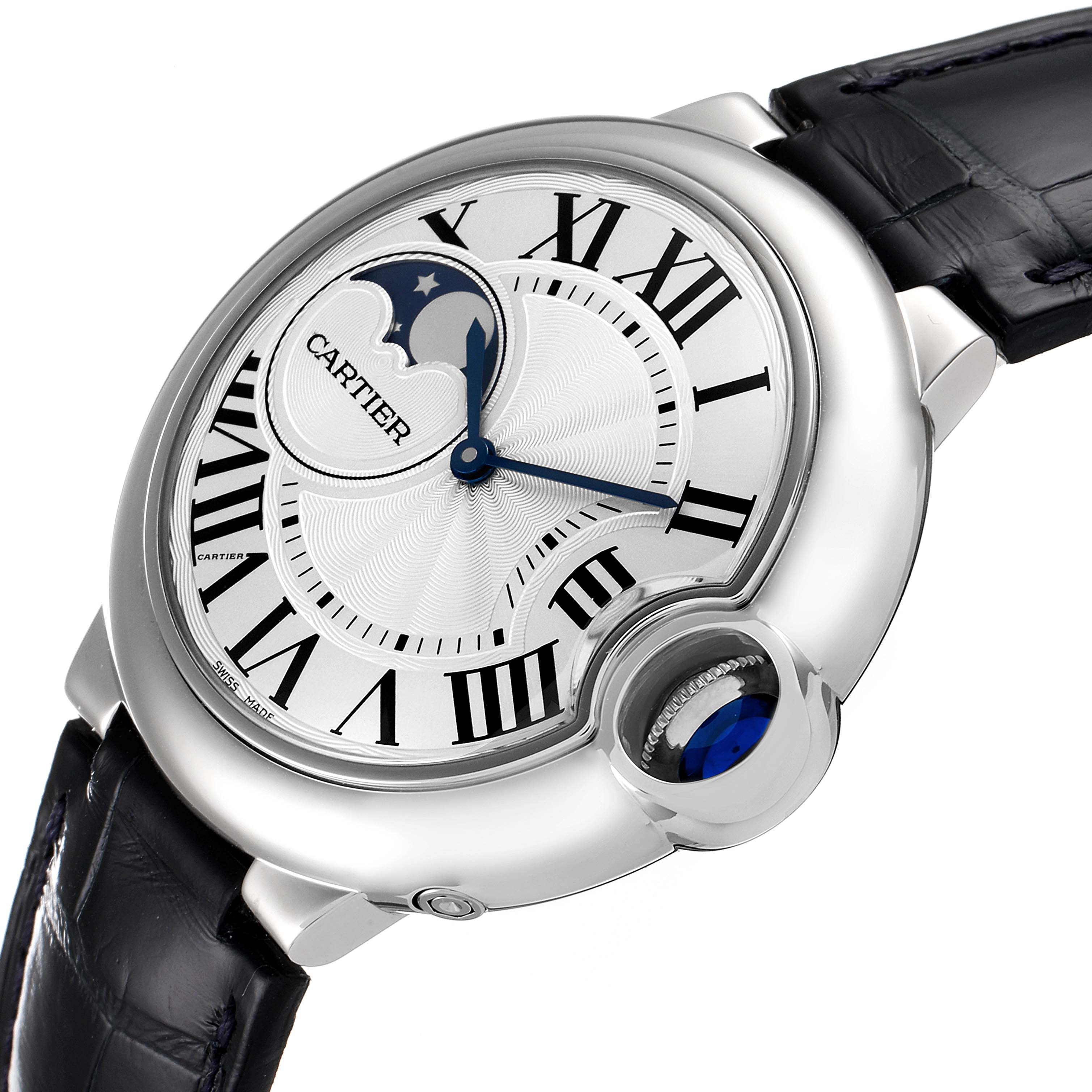 The image shows a close-up of the Cartier Ballon Bleu WSBB0020 Men
s Stainless Steel Silver Dial WSBB0020 Men
s Stainless Steel Silver Dial watch face and strap at an oblique angle.