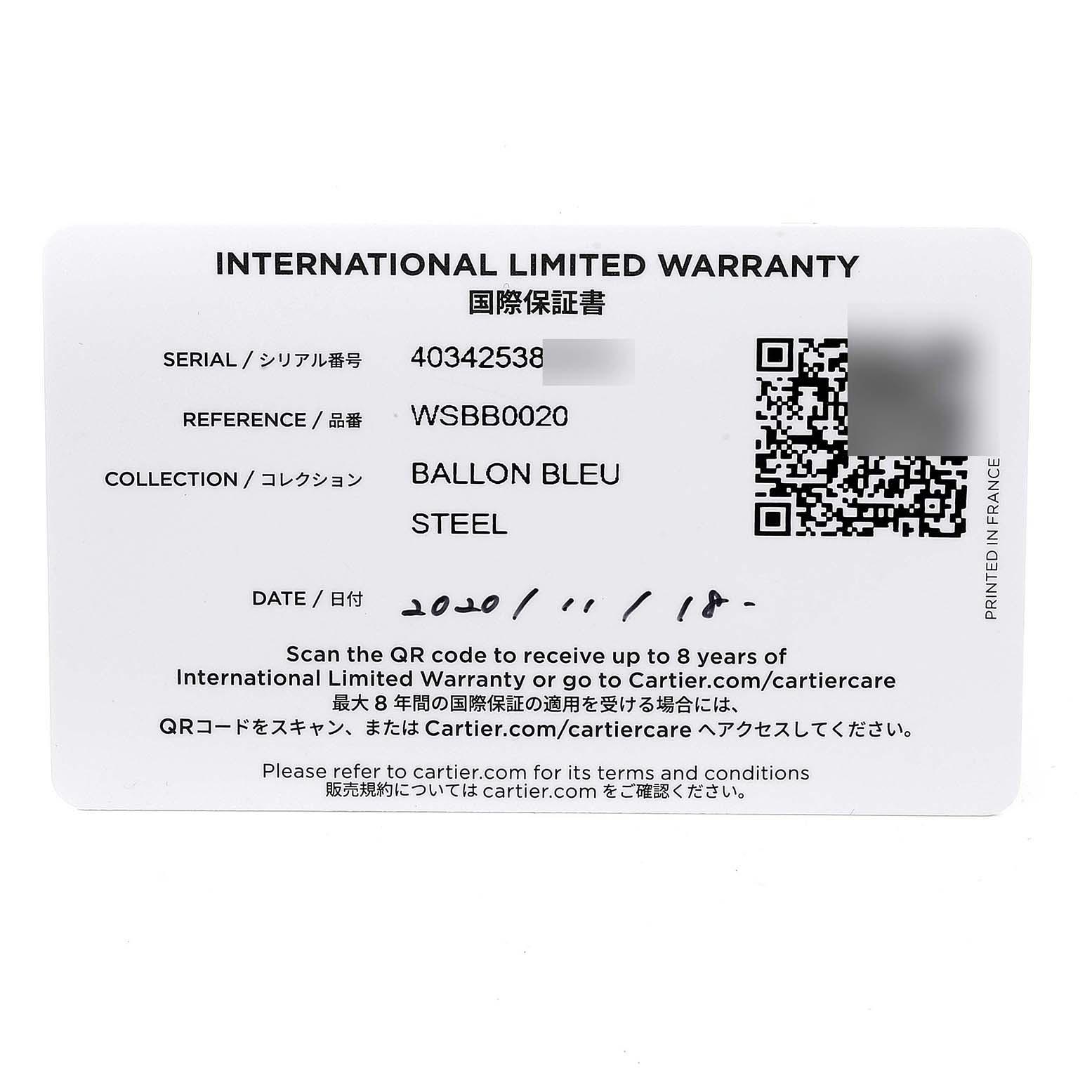 The image shows the International Limited Warranty card for a Ballon Bleu model by Cartier, including details like the serial number, reference, and date.