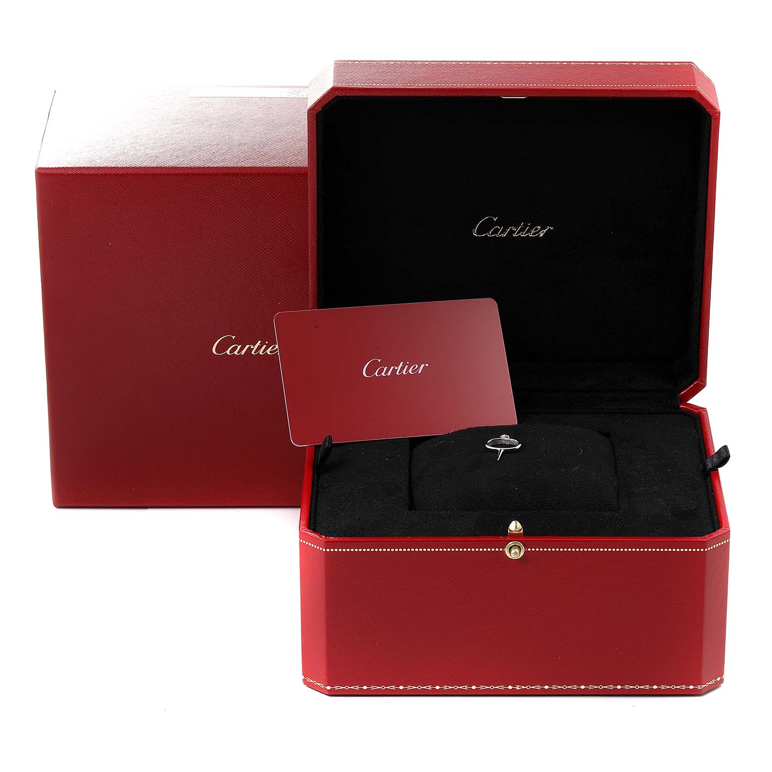 The image shows a Cartier Ballon Bleu WSBB0020 Men
s Stainless Steel Silver Dial WSBB0020 Men
s Stainless Steel Silver Dial watch box with a Cartier card and box accessories displayed from a front angle.