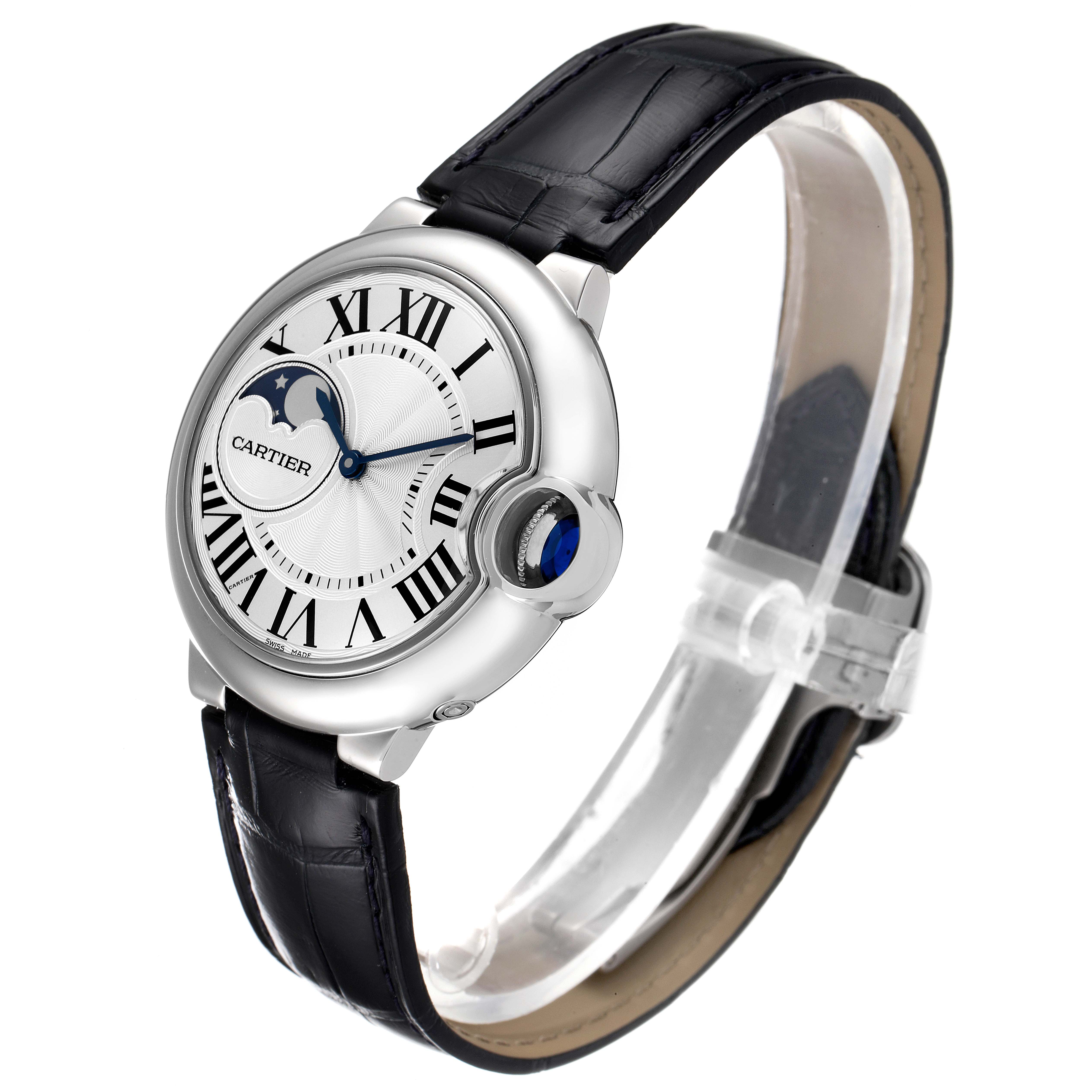 The image shows a Cartier Ballon Bleu WSBB0020 Men
s Stainless Steel Silver Dial WSBB0020 Men
s Stainless Steel Silver Dial watch at a three-quarter angle, highlighting the dial, case, crown, and leather strap.