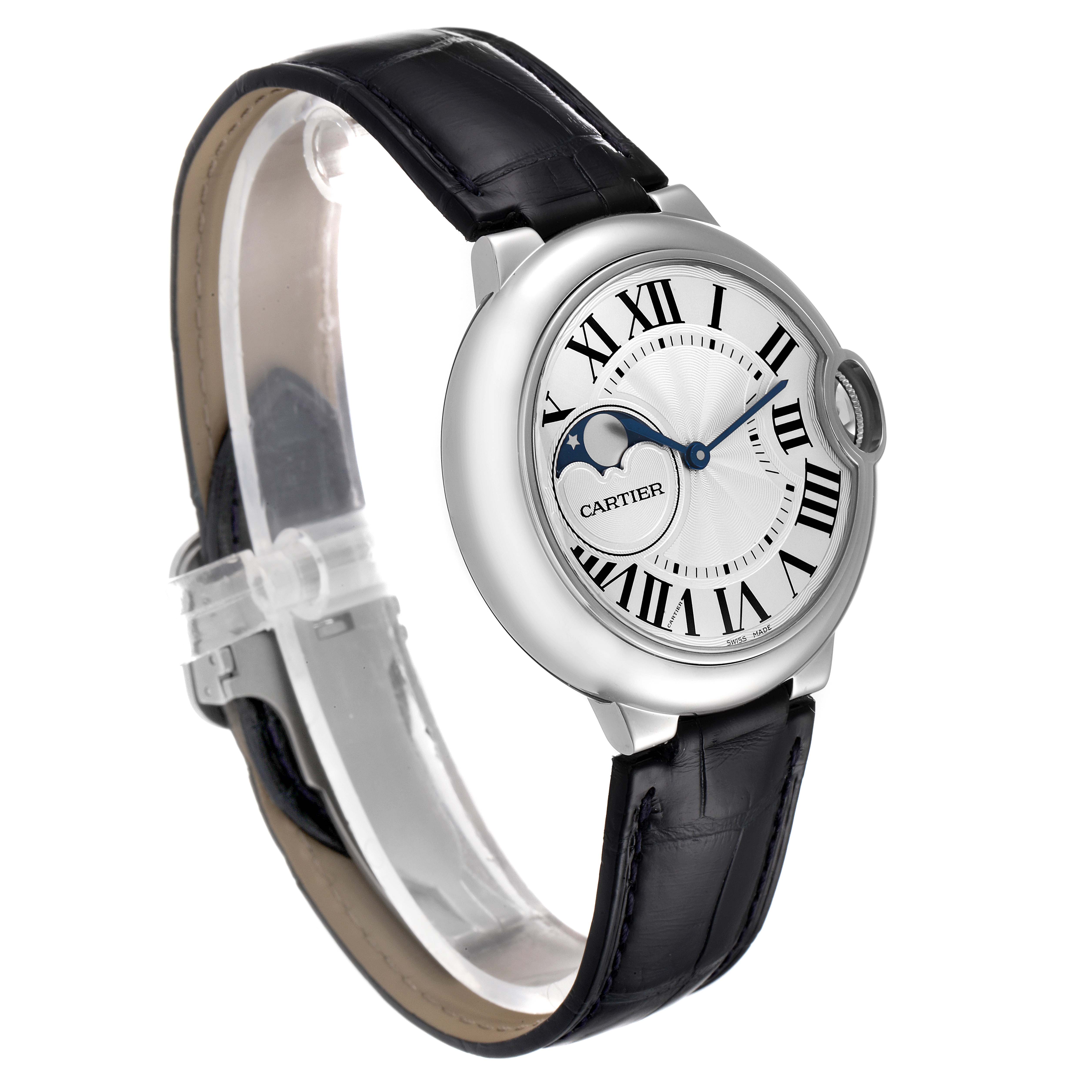 The image shows a Cartier Ballon Bleu WSBB0020 Men
s Stainless Steel Silver Dial WSBB0020 Men
s Stainless Steel Silver Dial watch at an angle that displays the face, strap, and side profile.