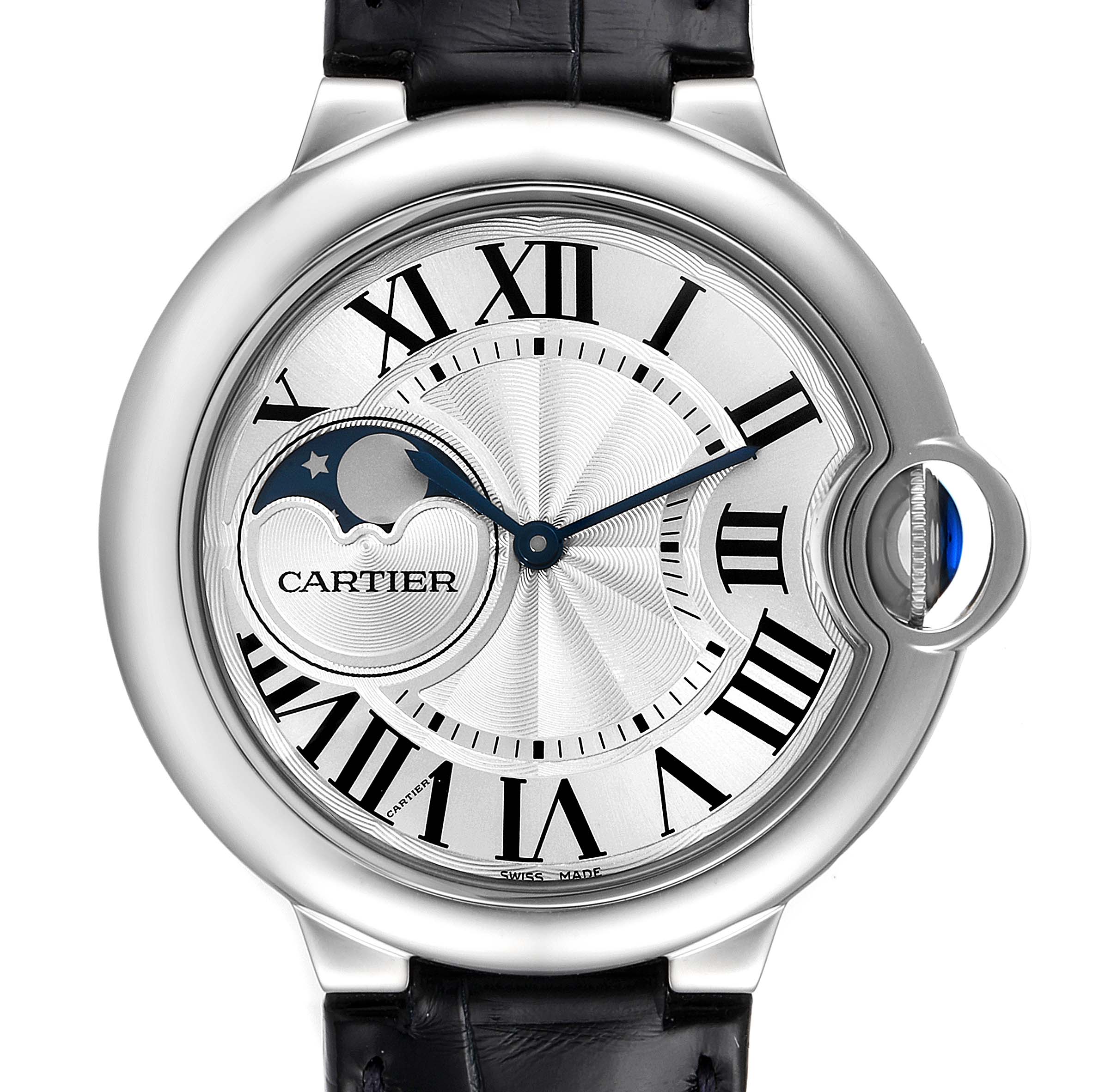 The image shows the face of a Ballon Bleu de Cartier watch, featuring Roman numerals, a moonphase display, and a leather strap seen from the front.