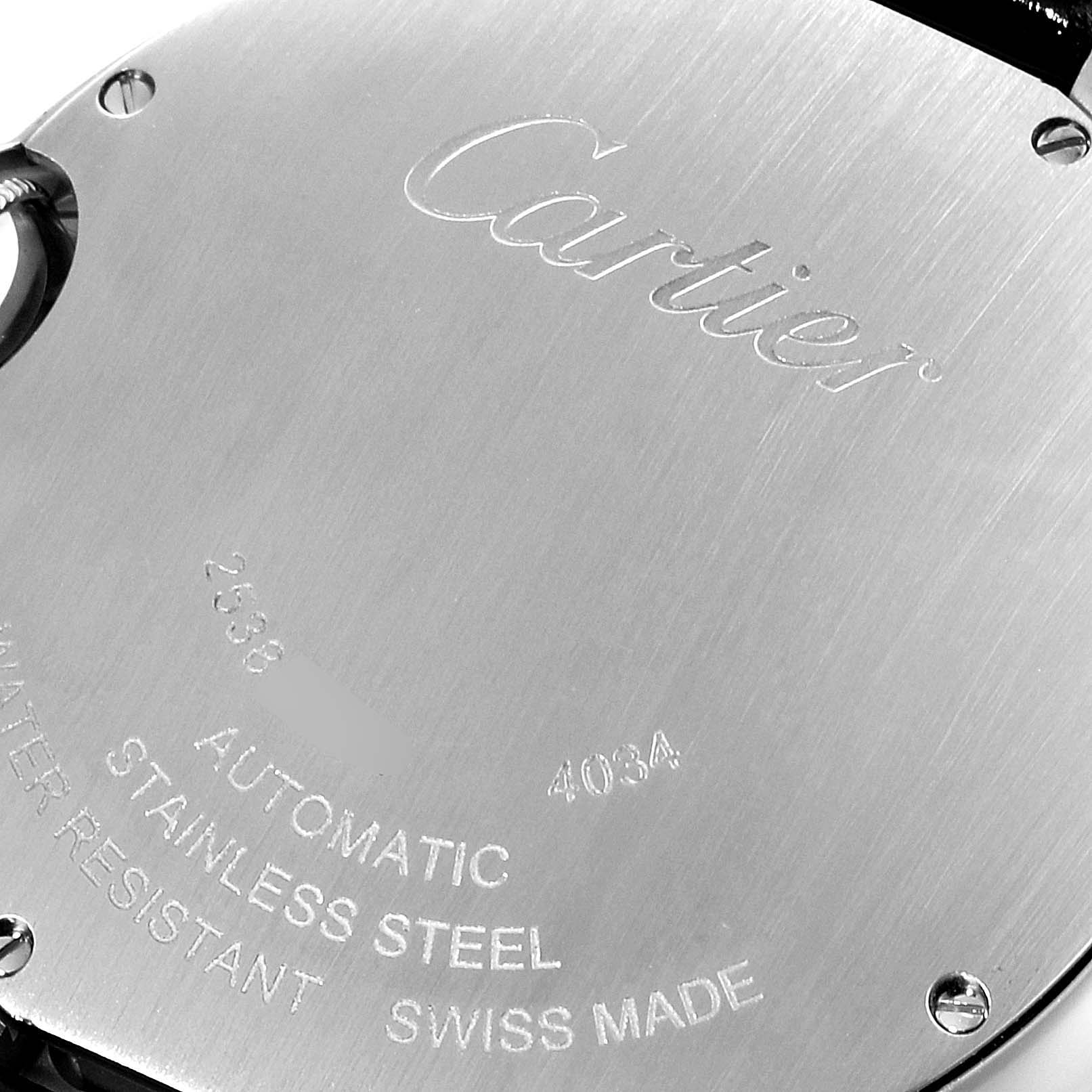 This image shows the back case of a Cartier Ballon Bleu WSBB0020 Men
s Stainless Steel Silver Dial WSBB0020 Men
s Stainless Steel Silver Dial watch, featuring engravings and screws.