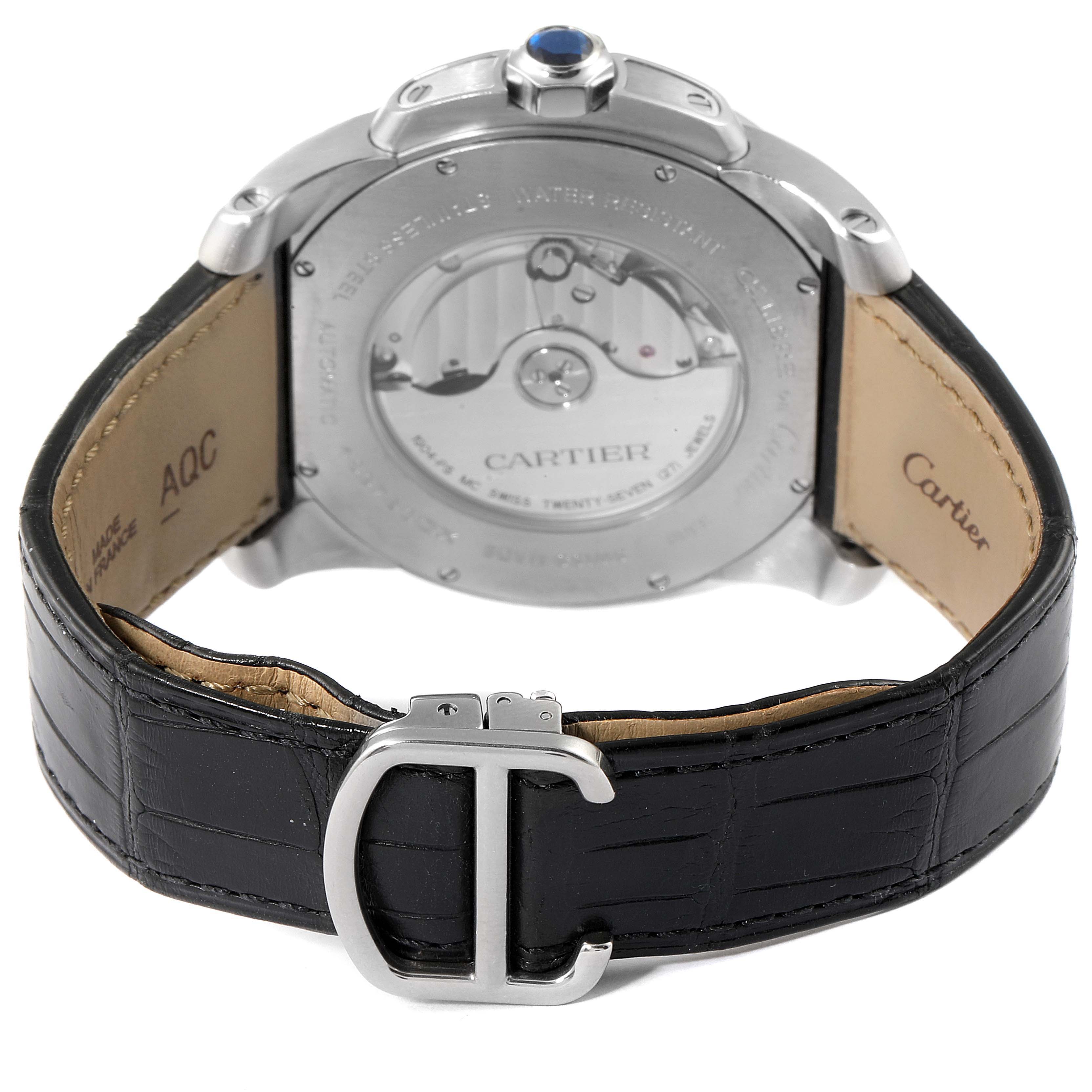 This image shows the back view of the Calibre de Cartier watch by Cartier, highlighting its strap and clasp.