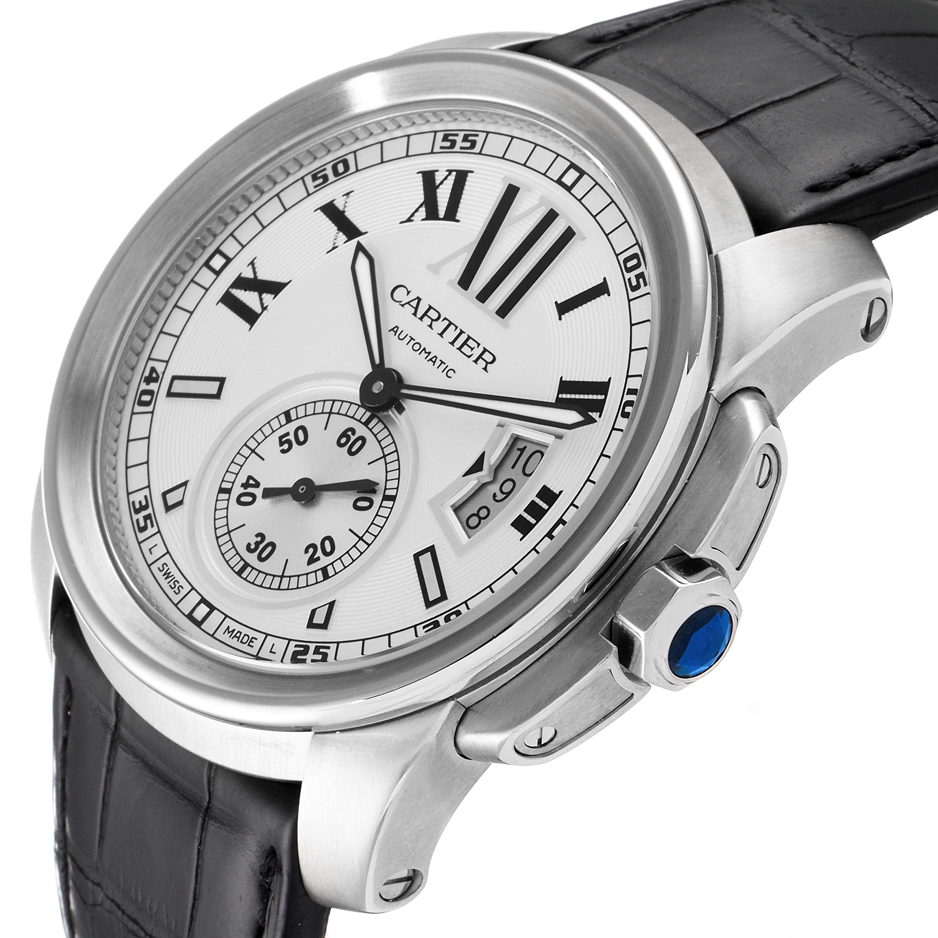 This image shows a close-up angle of the Calibre de Cartier watch by Cartier, highlighting the dial, bezel, and crown.