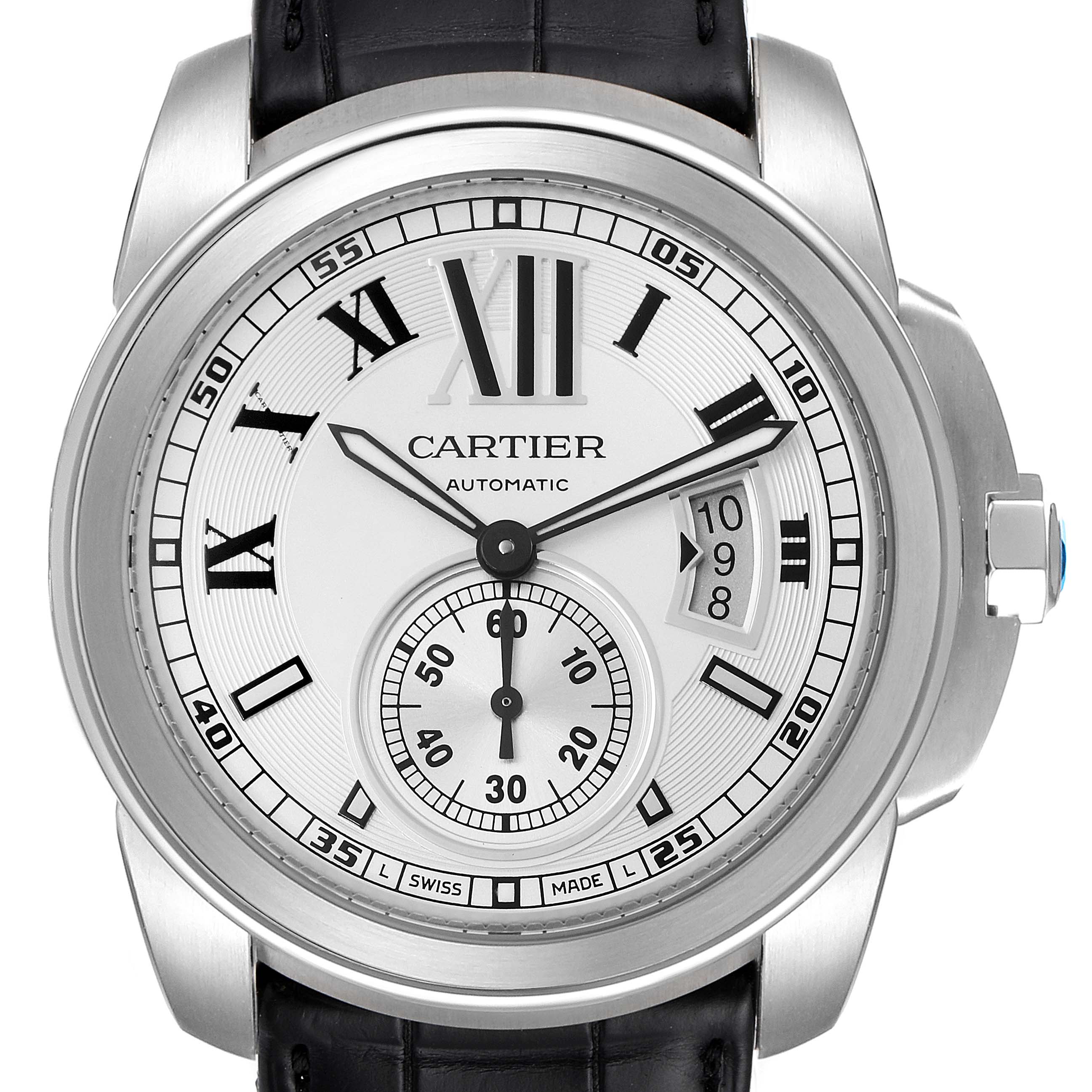 The image shows a front view of a Calibre de Cartier watch by Cartier, highlighting the dial, hands, and date window.