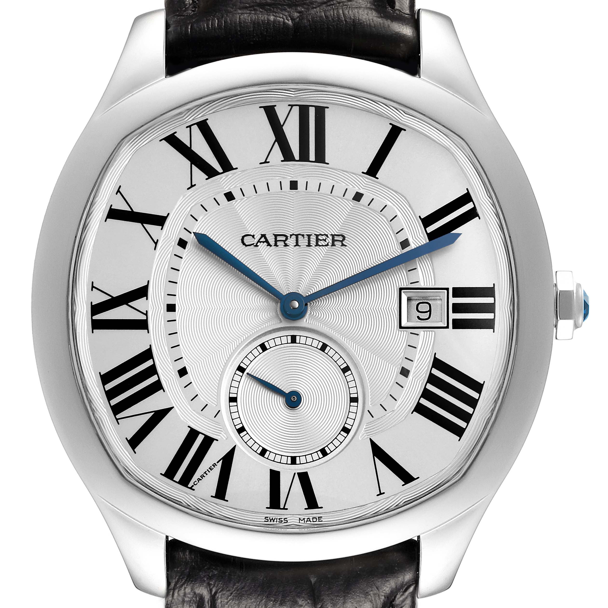The Drive de Cartier watch by Cartier is shown from a front view, highlighting the dial, Roman numerals, hands, and date indicator.
