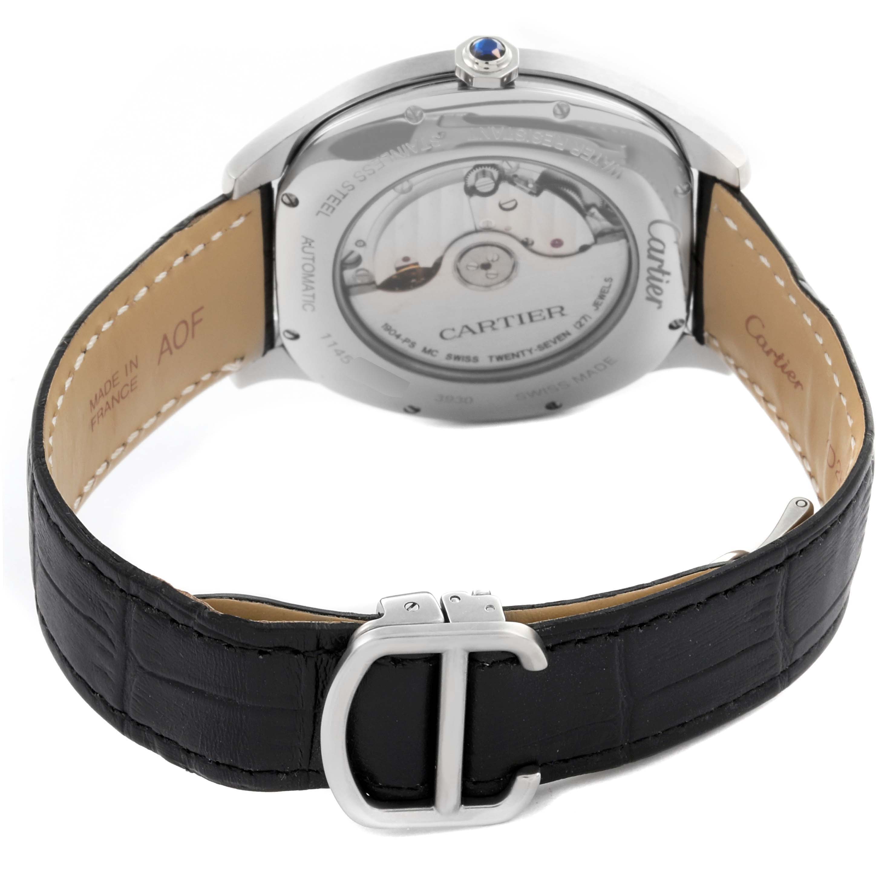 The image shows the case back and leather strap of a Drive de Cartier watch by Cartier.