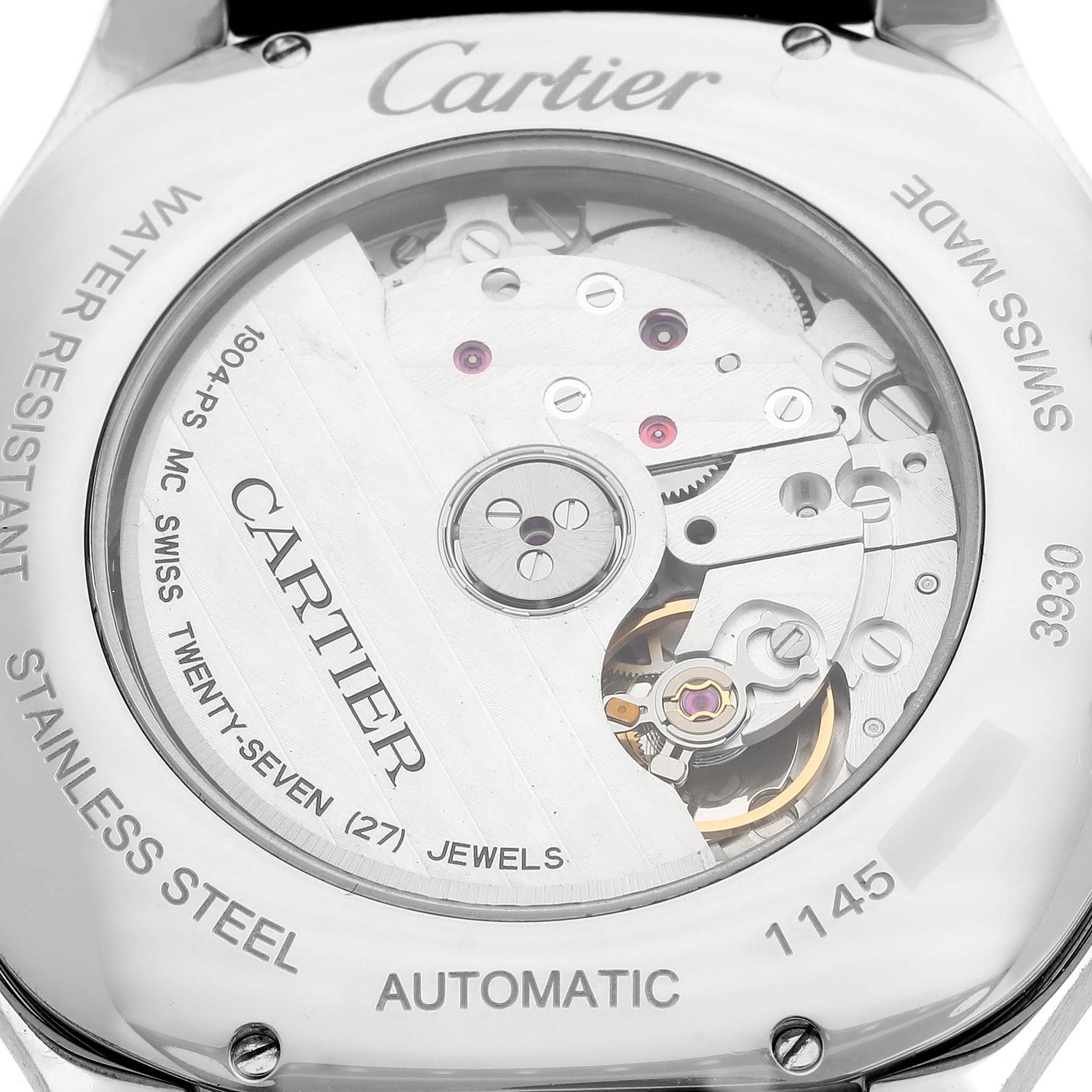 The image shows the back view of the Drive de Cartier, highlighting the automatic movement and casing inscriptions.