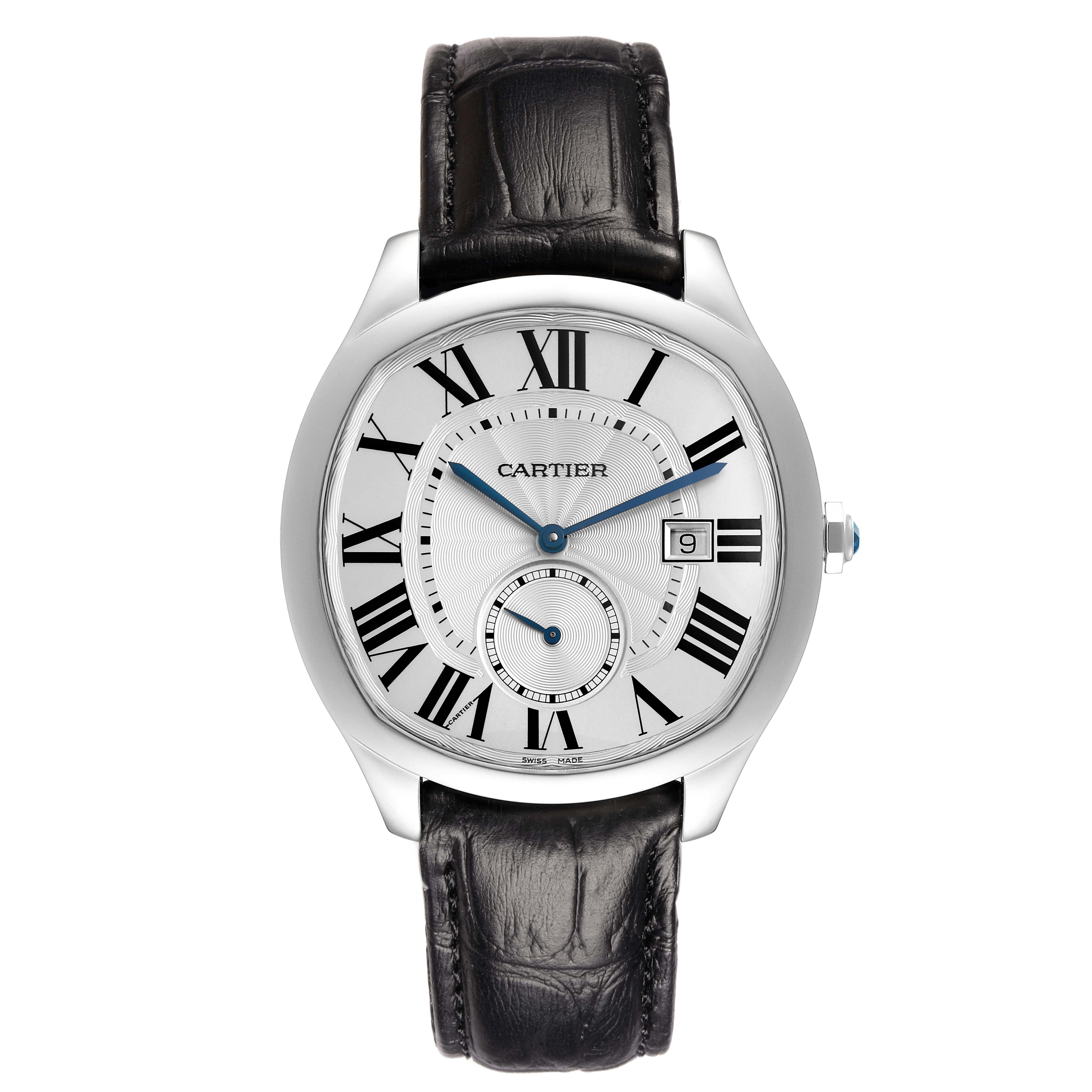 The Drive de Cartier watch is shown from a front angle, displaying the face, hands, Roman numerals, date window, and leather strap.