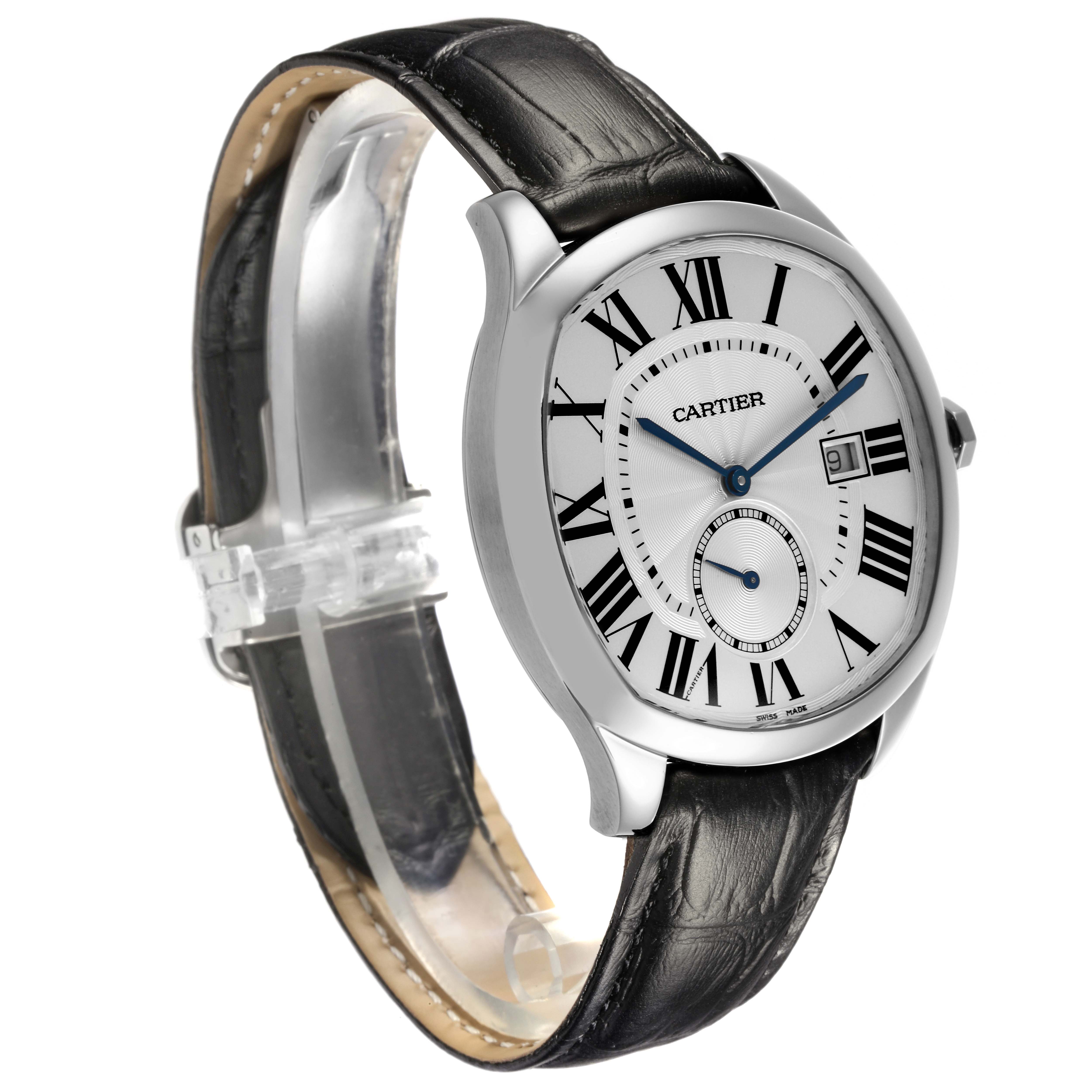 The Drive de Cartier watch is shown at a slight angle, displaying its face, Roman numerals, hands, and leather strap.