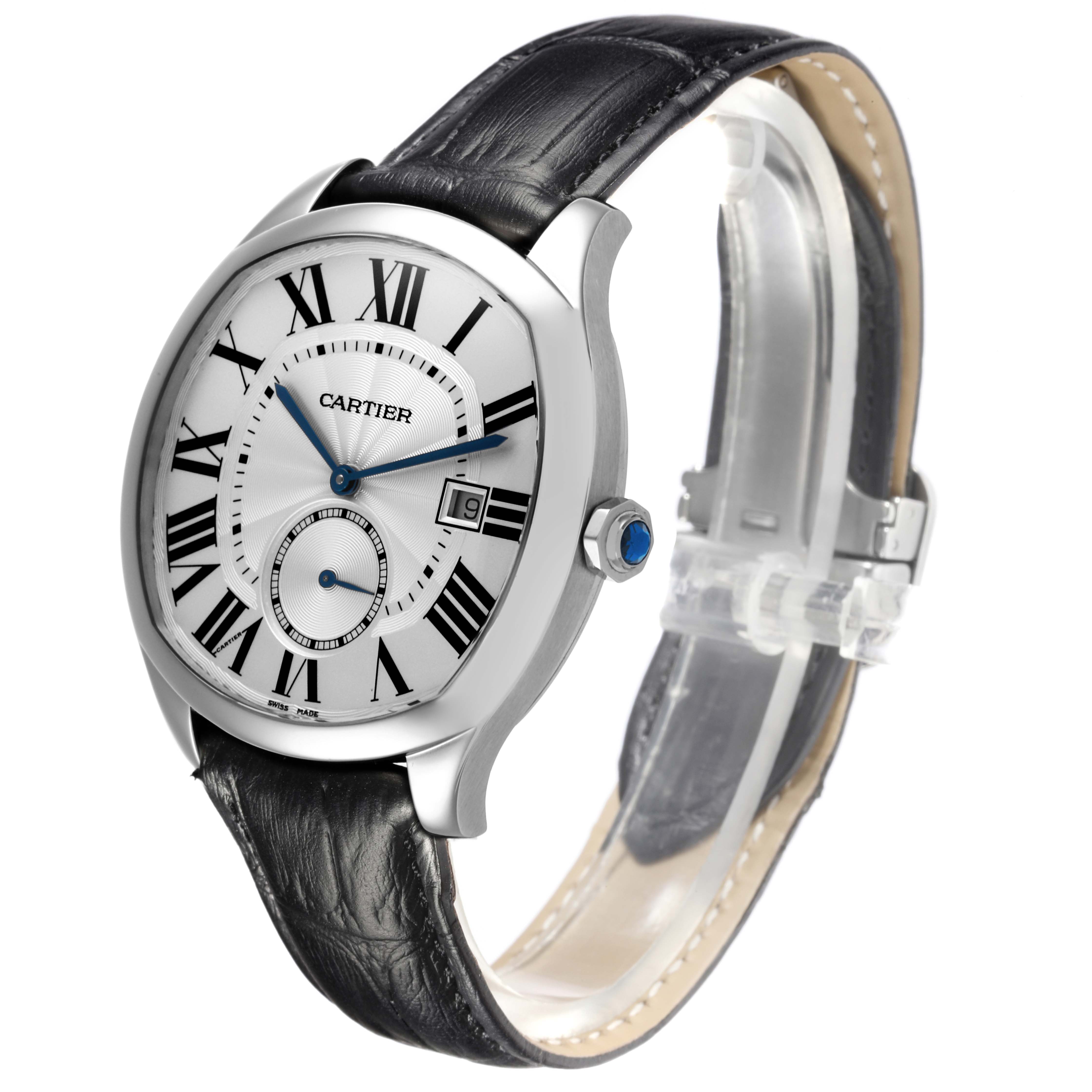 The Drive de Cartier watch is shown at a three-quarter angle, displaying the dial, crown, and leather strap.