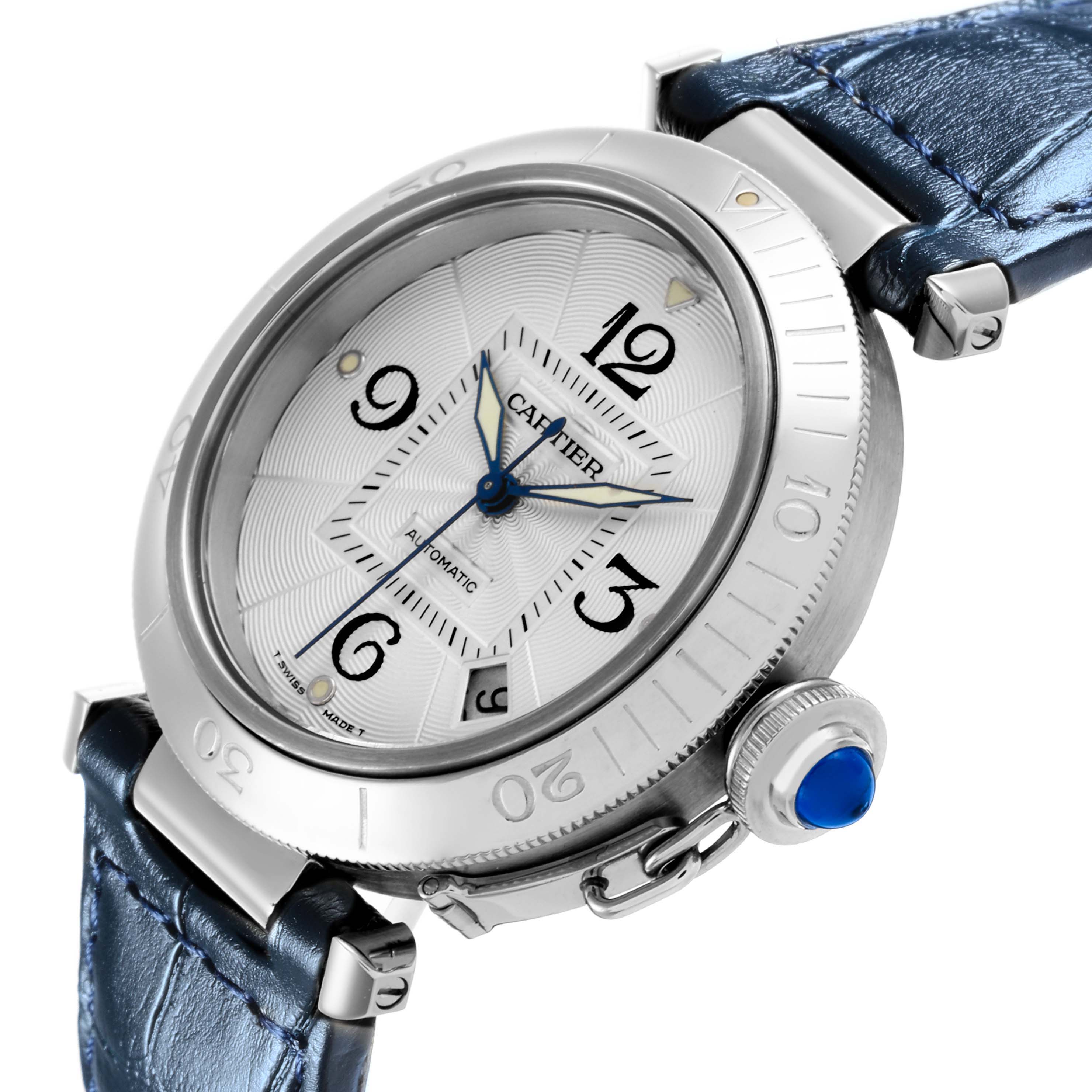 The Cartier Pasha W31059H3 Men's Stainless Steel Silver Dial W31059H3 Men's Stainless Steel Silver Dial watch is shown at an angled view displaying the face, bezel, crown, and part of the strap.