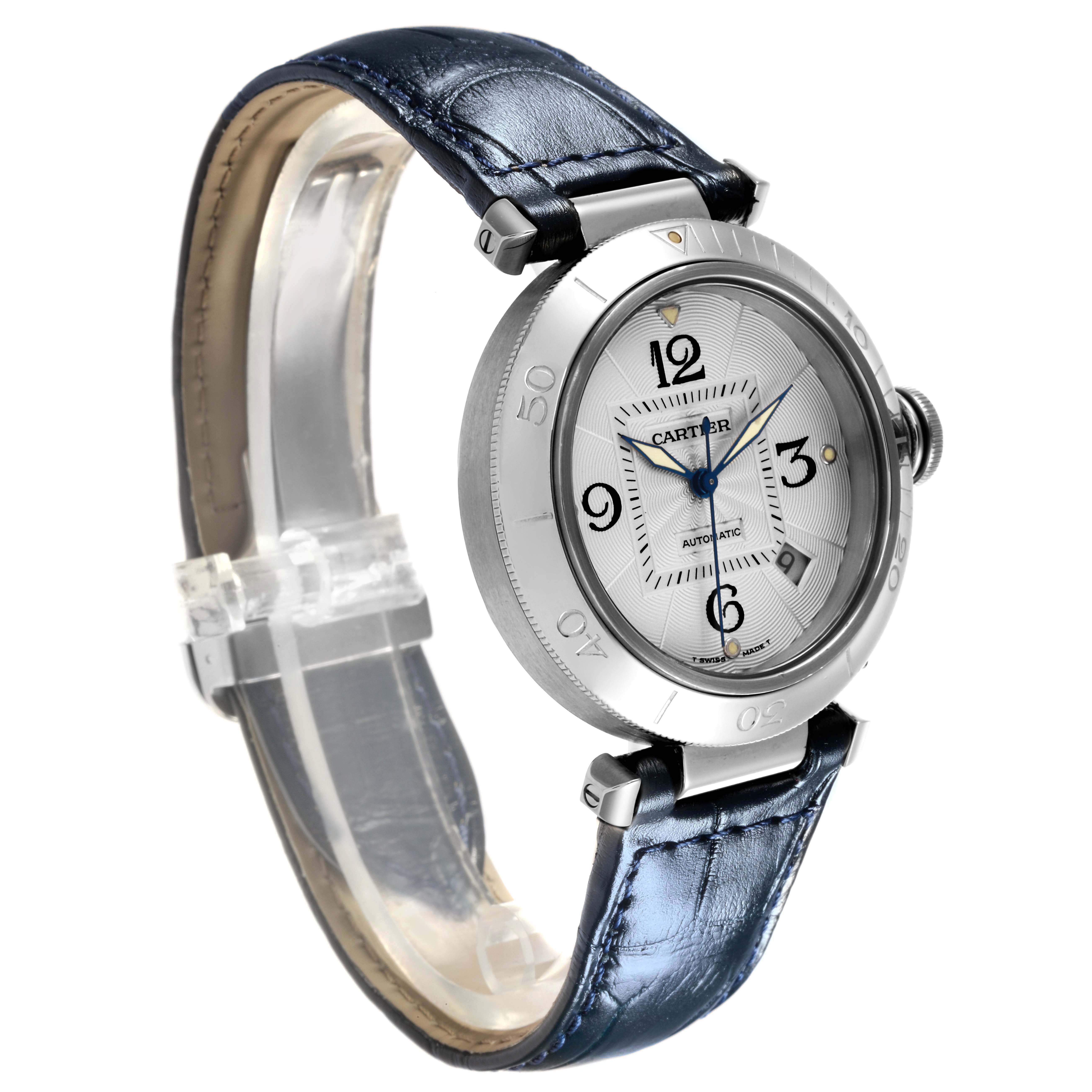 The Cartier Pasha W31059H3 Men's Stainless Steel Silver Dial W31059H3 Men's Stainless Steel Silver Dial watch is shown in a three-quarter angle highlighting the dial, bezel, and leather strap.