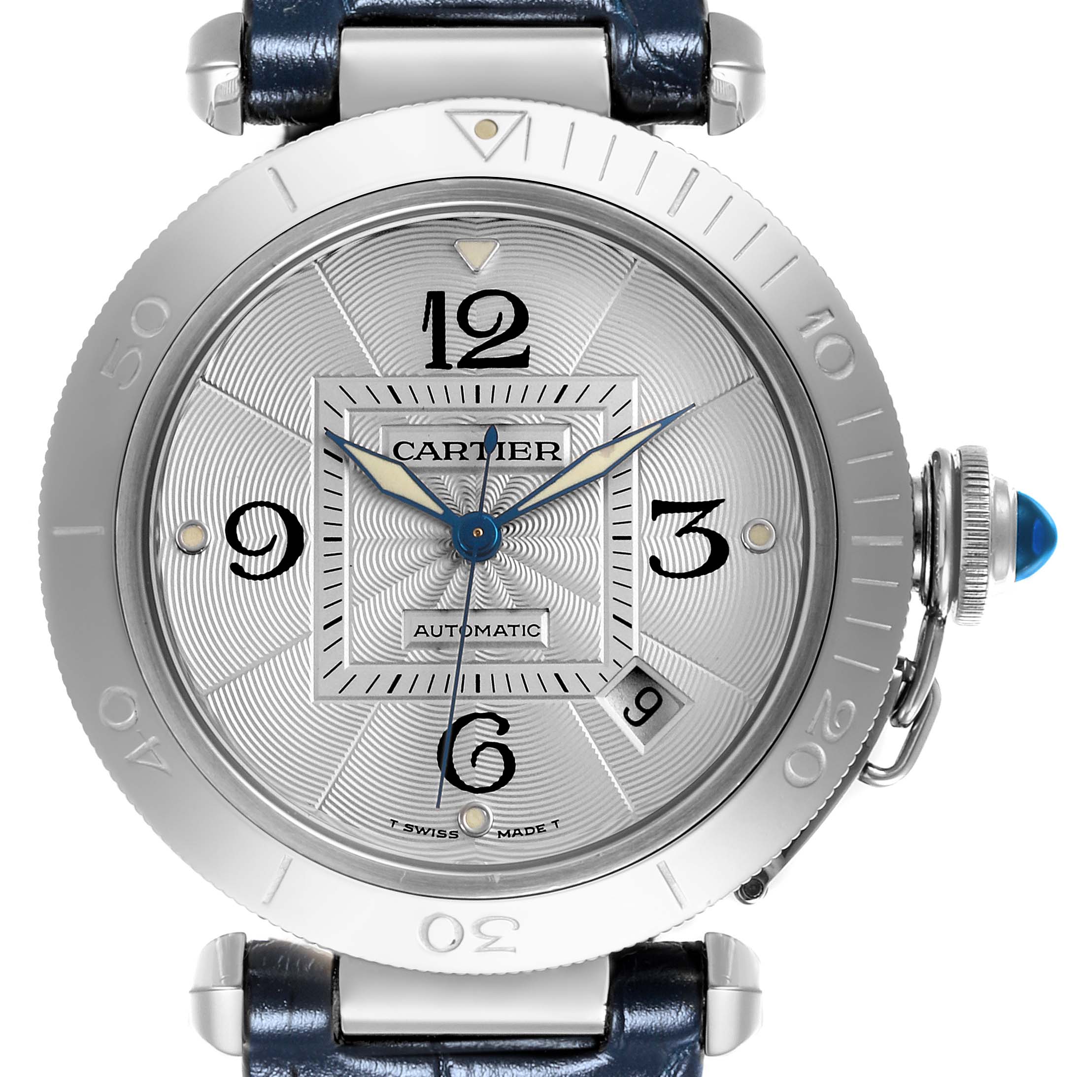 The image shows a front view of the Cartier Pasha W31059H3 Men's Stainless Steel Silver Dial W31059H3 Men's Stainless Steel Silver Dial watch, highlighting its face, numerals, hands, and crown.