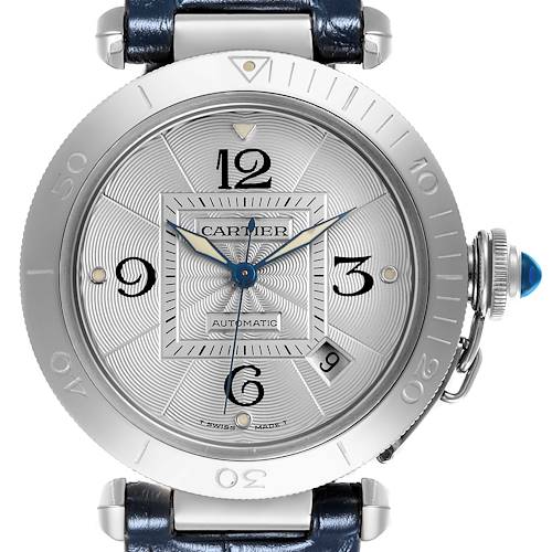 The Cartier Pasha watch is shown from the front, highlighting the face, bezel, and crown.