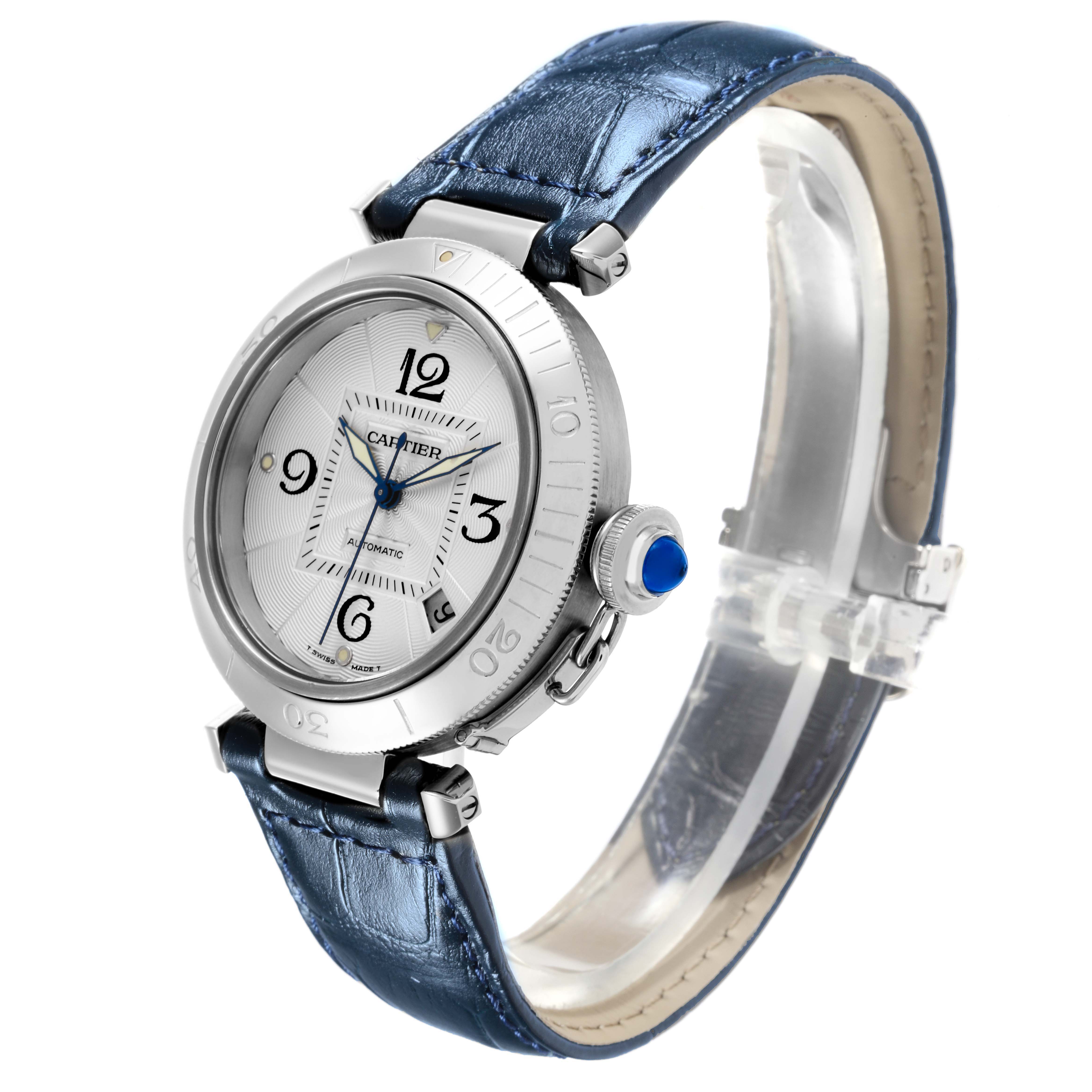 The Cartier Pasha W31059H3 Men's Stainless Steel Silver Dial W31059H3 Men's Stainless Steel Silver Dial watch is shown at an angled side view, displaying the face, bezel, crown, and part of the strap.
