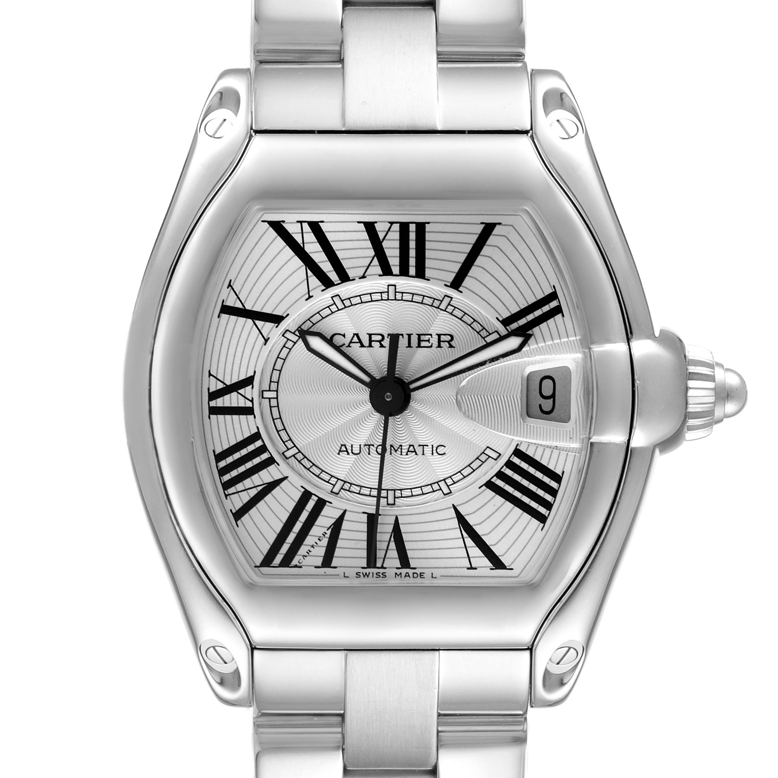 The image shows a front view of the Cartier Roadster W62025V3 Men's Stainless Steel Silver Dial W62025V3 Men's Stainless Steel Silver Dial watch, displaying the face, bezel, crown, and part of the bracelet.