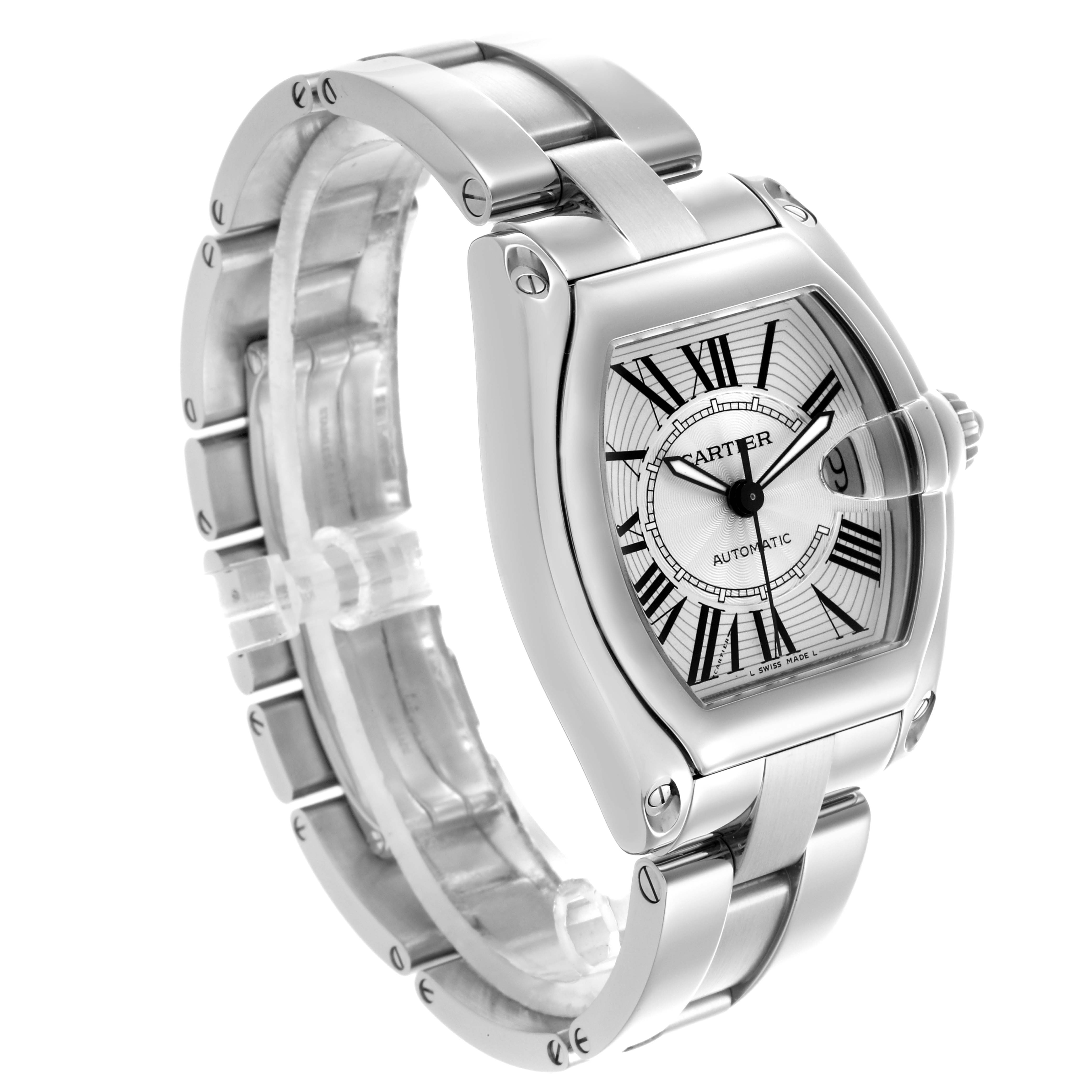 The Cartier Roadster W62025V3 Men's Stainless Steel Silver Dial W62025V3 Men's Stainless Steel Silver Dial watch is shown at a three-quarter angle, displaying the case, bracelet, and dial with Roman numerals.