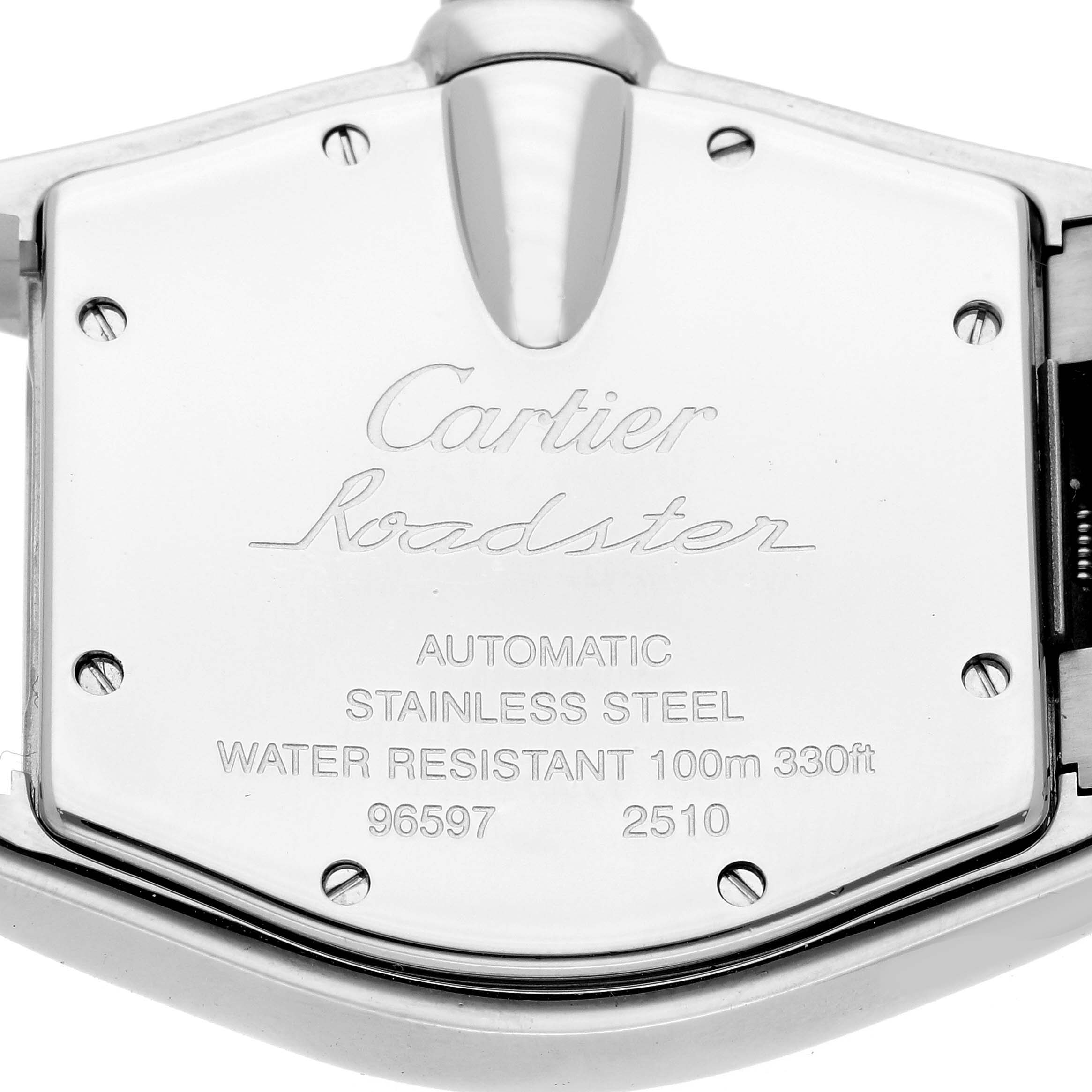 The image shows the backplate of the Cartier Roadster W62025V3 Men's Stainless Steel Silver Dial W62025V3 Men's Stainless Steel Silver Dial watch, highlighting its branding and specifications.