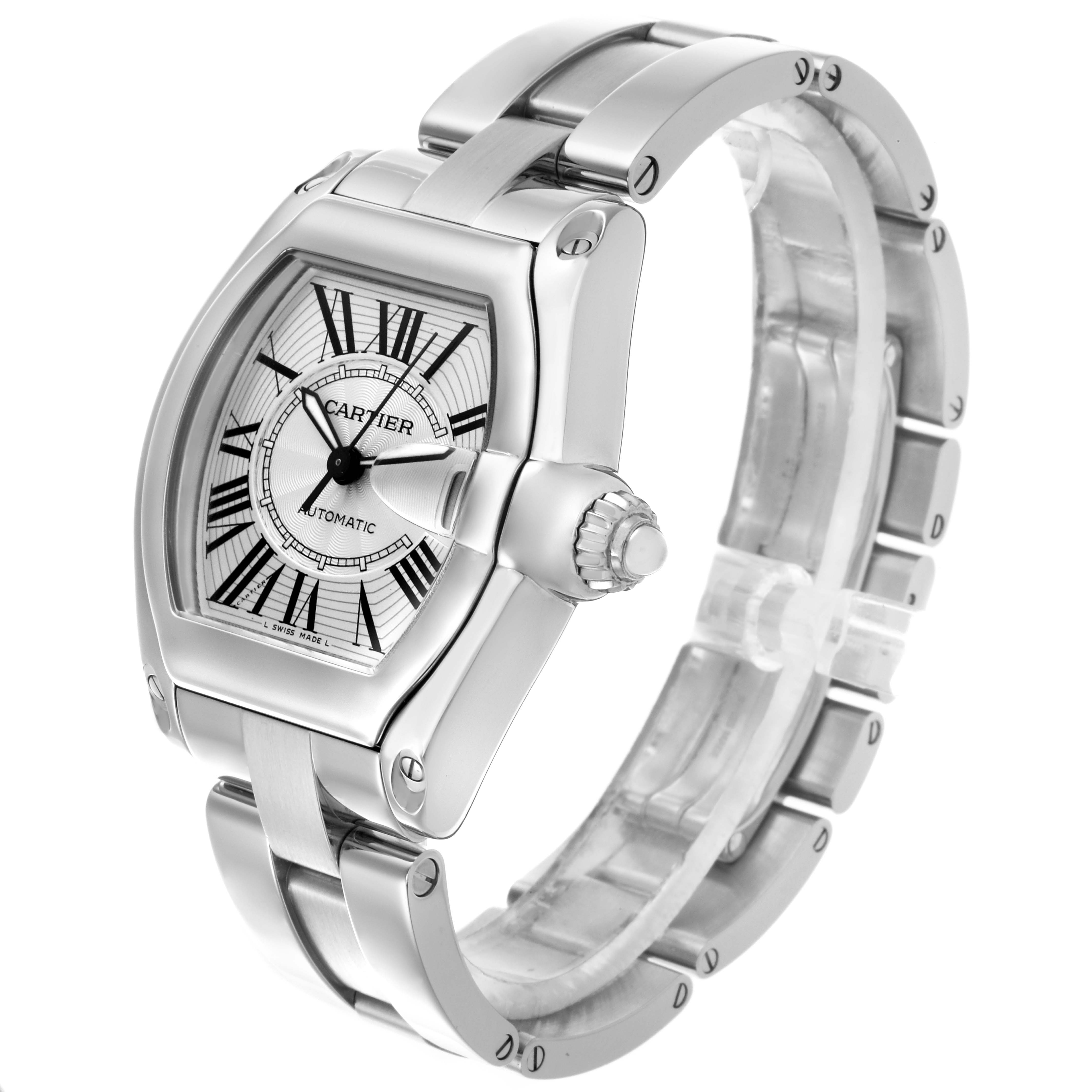 The Cartier Roadster W62025V3 Men's Stainless Steel Silver Dial W62025V3 Men's Stainless Steel Silver Dial watch is shown at a three-quarter angle highlighting the face, crown, and bracelet.
