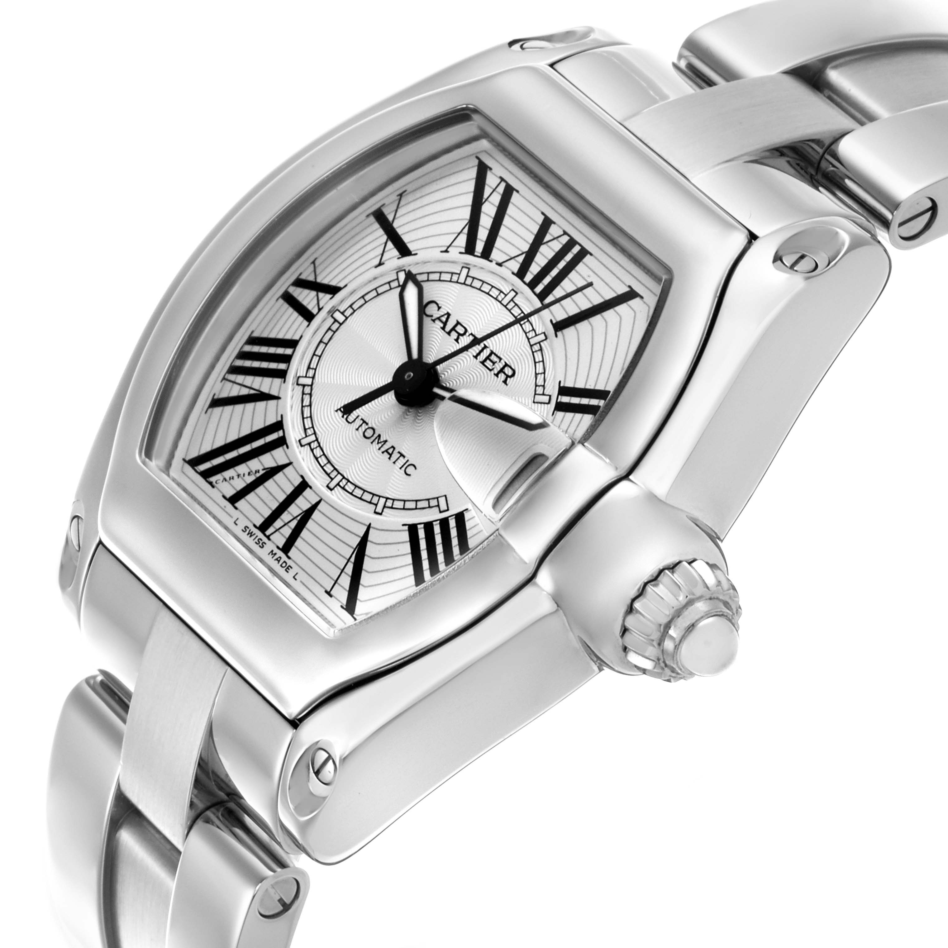 The Cartier Roadster W62025V3 Men's Stainless Steel Silver Dial W62025V3 Men's Stainless Steel Silver Dial watch is shown at an angle highlighting the face, crown, and part of the metal bracelet.