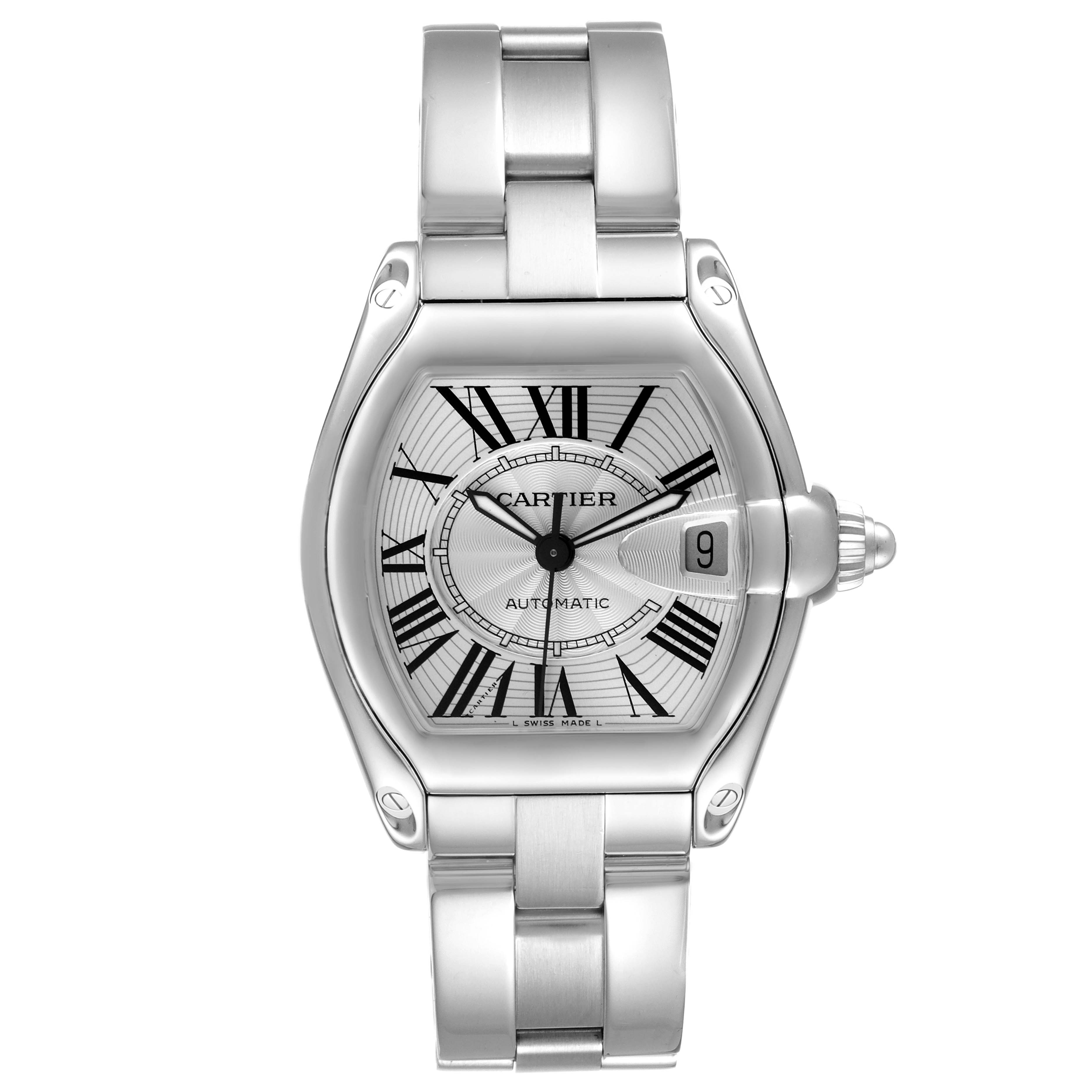 The Cartier Roadster W62025V3 Men's Stainless Steel Silver Dial W62025V3 Men's Stainless Steel Silver Dial watch is shown from a front angle, displaying the dial, case, and bracelet.