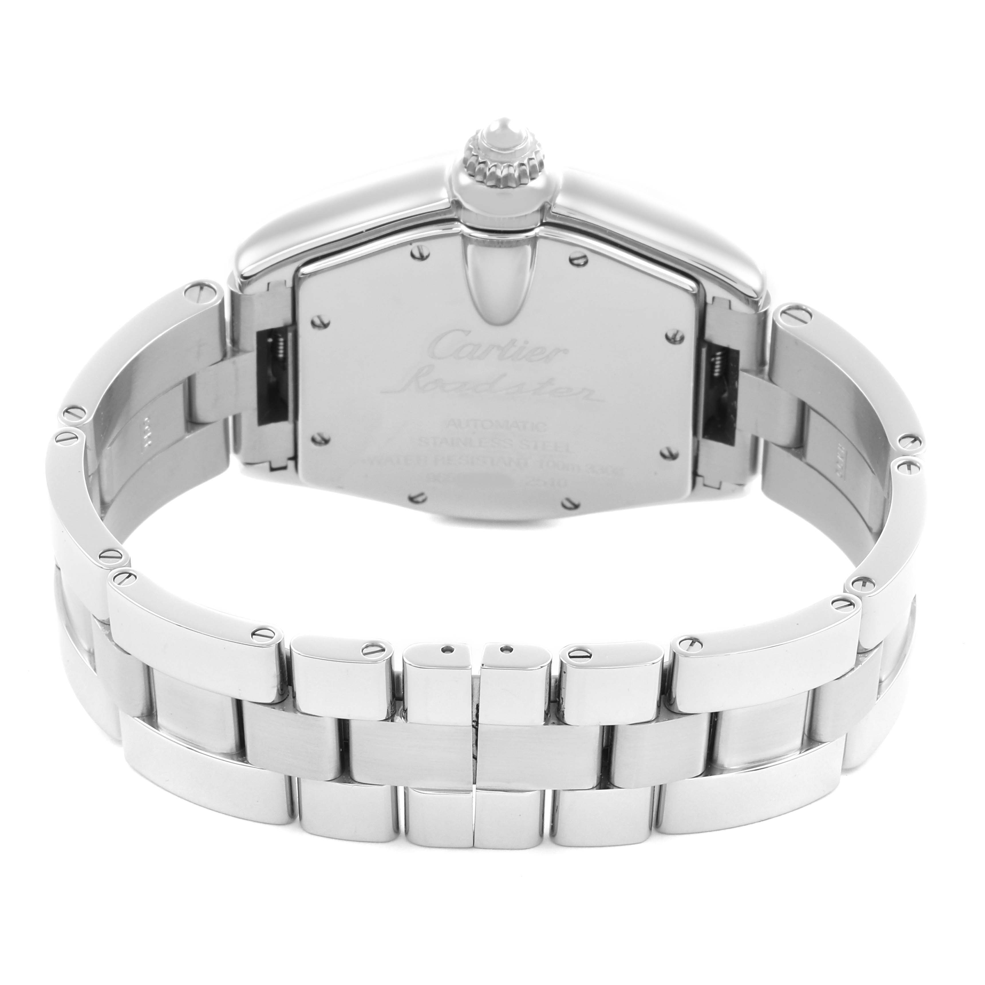 The image shows the back case and bracelet of a Cartier Roadster W62025V3 Men's Stainless Steel Silver Dial W62025V3 Men's Stainless Steel Silver Dial watch, viewed from a rear angle.