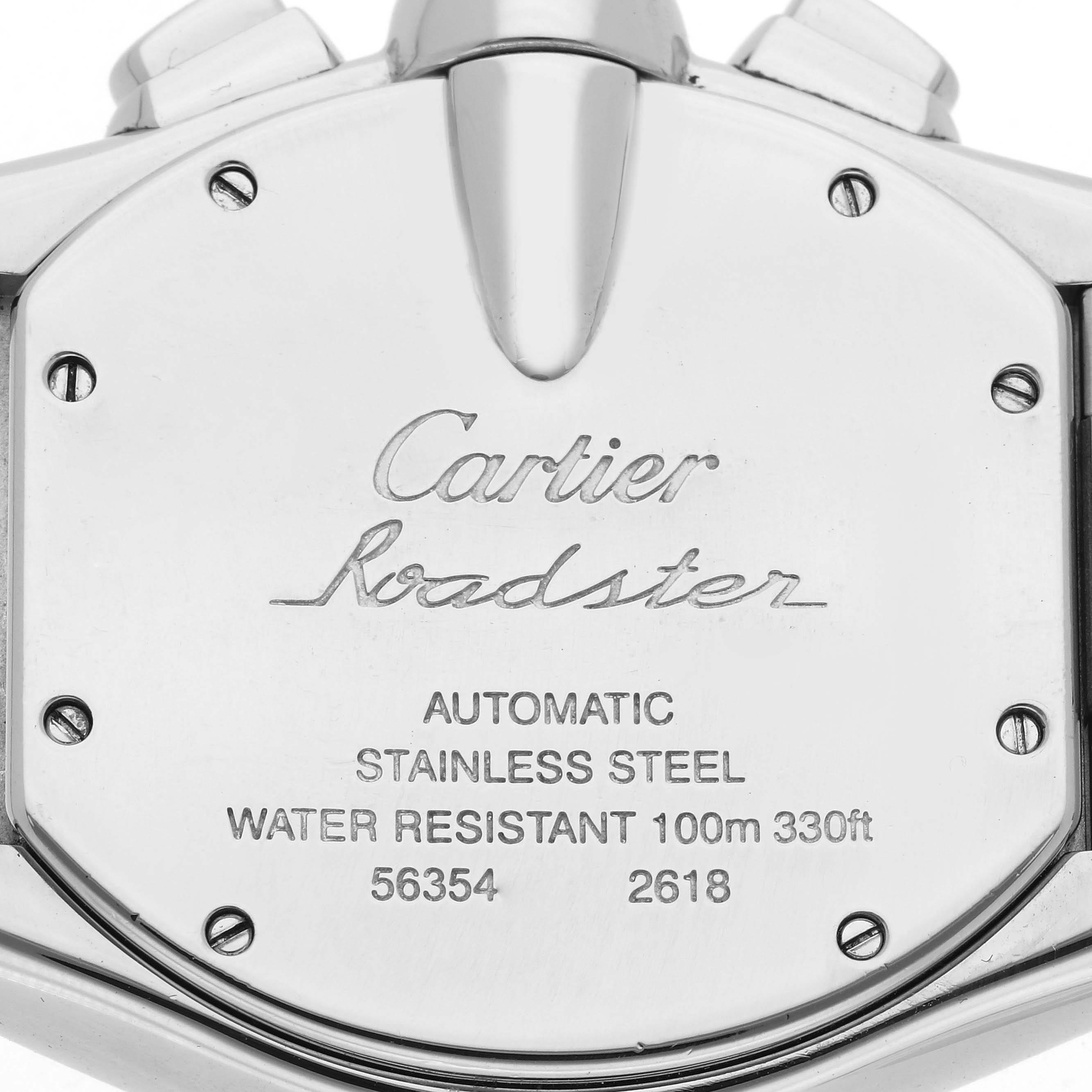 The image shows the back of a Cartier Roadster W62019X6 Men's Stainless Steel Silver Dial W62019X6 Men's Stainless Steel Silver Dial watch, highlighting the brand logo, model name, and specifications.