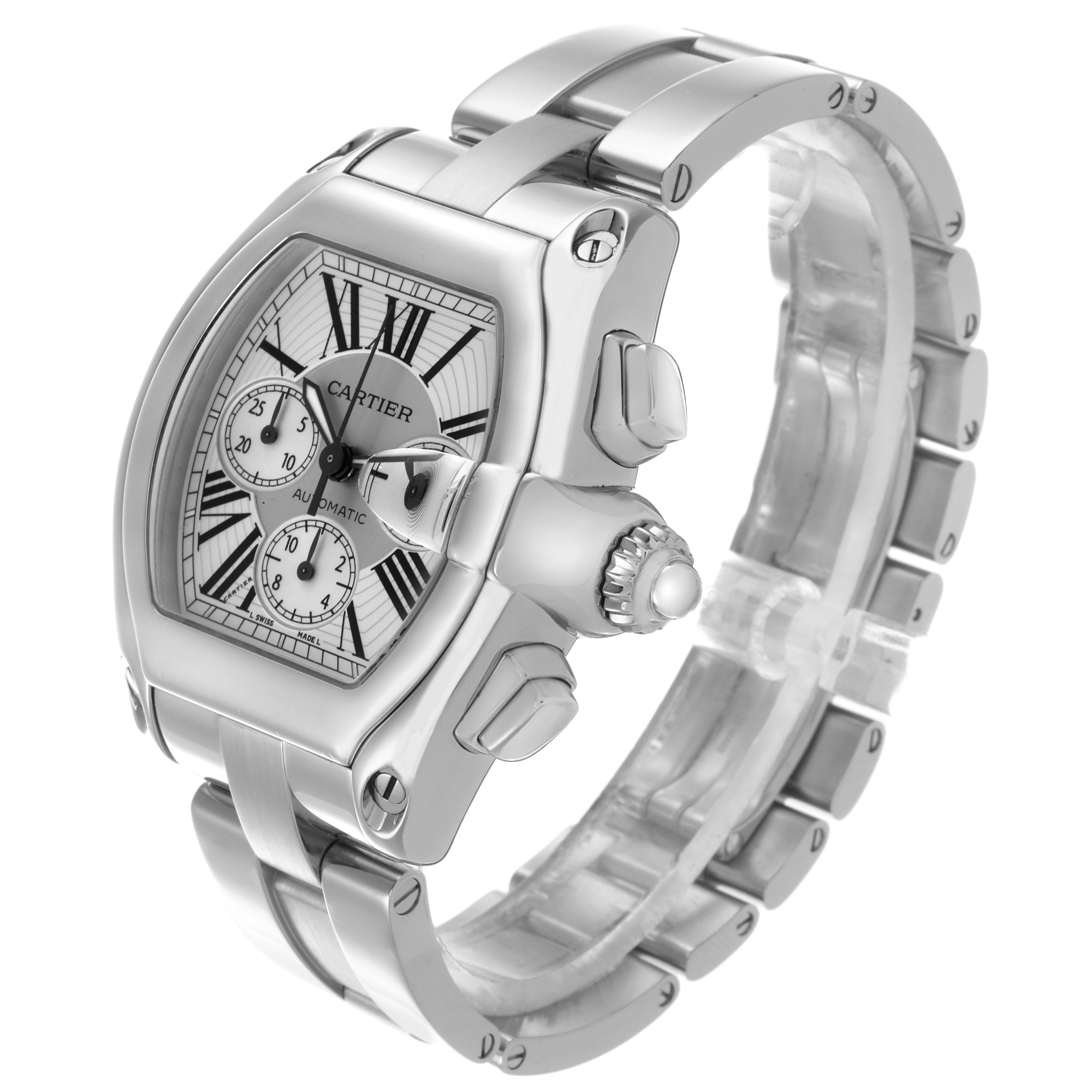 The Cartier Roadster W62019X6 Men's Stainless Steel Silver Dial W62019X6 Men's Stainless Steel Silver Dial watch is shown at a slight angle, highlighting the case, crown, dial, and part of the bracelet.