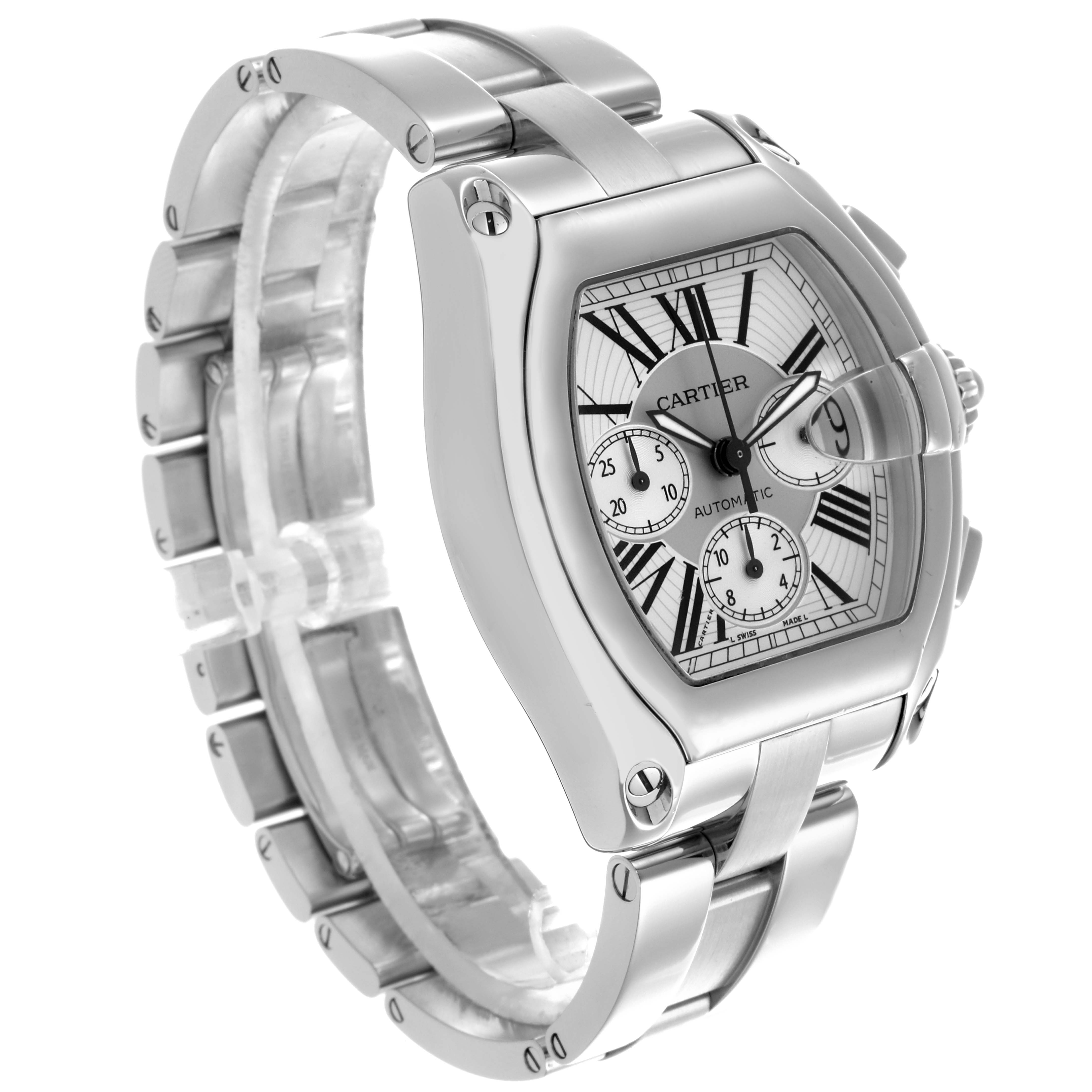 The Cartier Roadster W62019X6 Men's Stainless Steel Silver Dial W62019X6 Men's Stainless Steel Silver Dial watch is shown from a three-quarter angle, highlighting its face, bracelet, and crown.