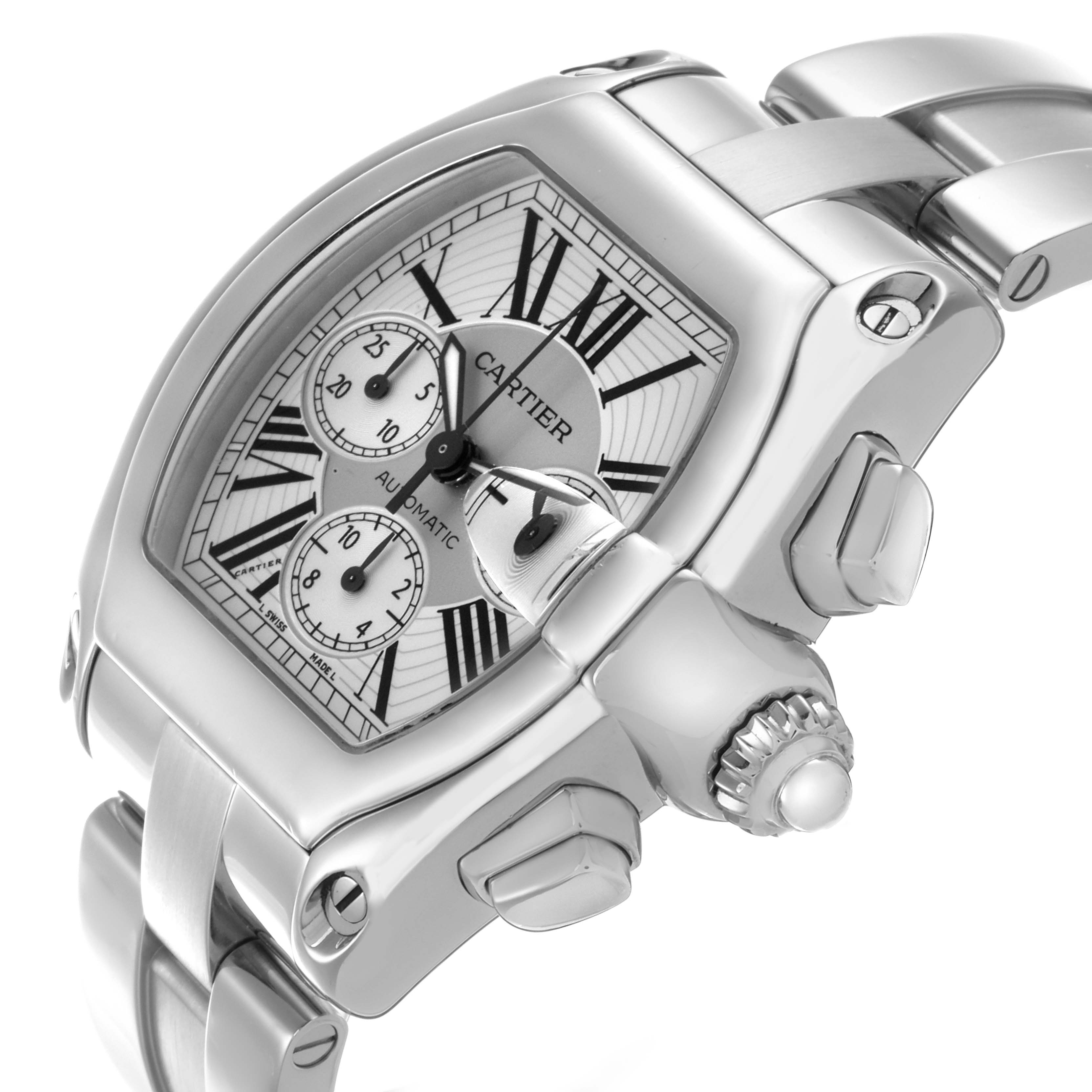 The Cartier Roadster W62019X6 Men's Stainless Steel Silver Dial W62019X6 Men's Stainless Steel Silver Dial watch is shown from an angled close-up, displaying its face, crown, and part of the metal bracelet.