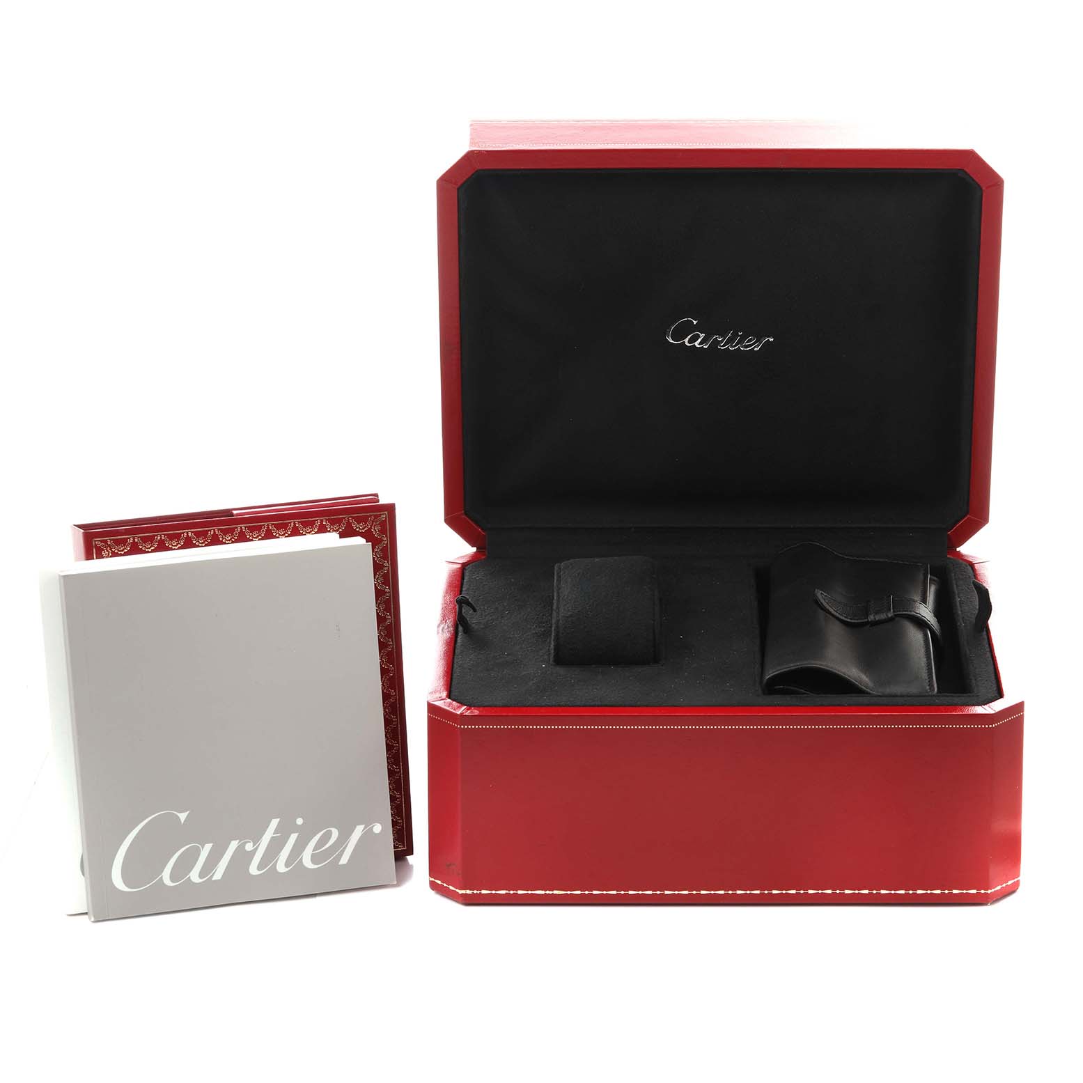 The image shows the packaging for the Cartier Roadster W62019X6 Men's Stainless Steel Silver Dial W62019X6 Men's Stainless Steel Silver Dial model, including the box, booklet, and watch case.
