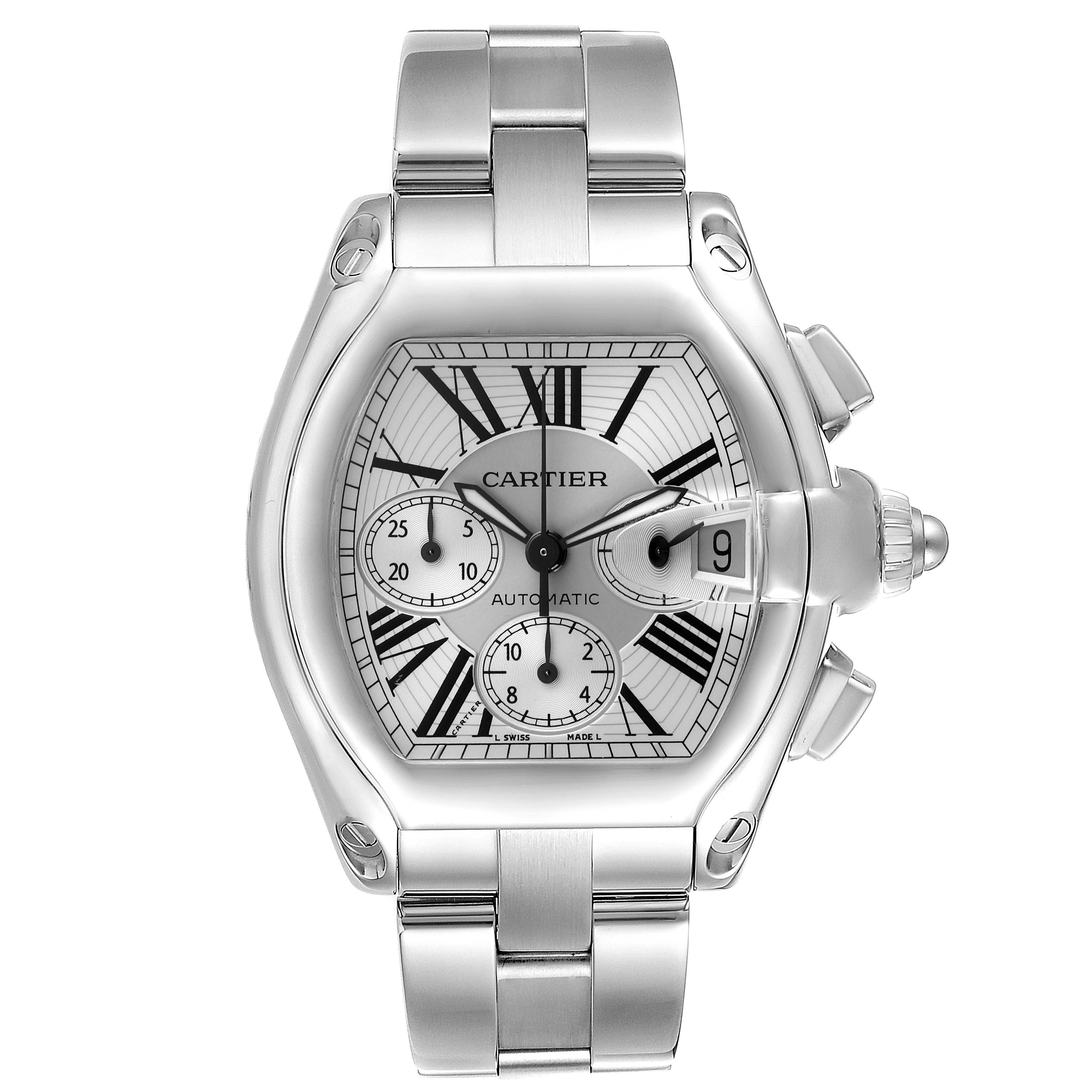 The Cartier Roadster W62019X6 Men's Stainless Steel Silver Dial W62019X6 Men's Stainless Steel Silver Dial watch is shown from the front, displaying its face, Roman numerals, subdials, and bracelet.