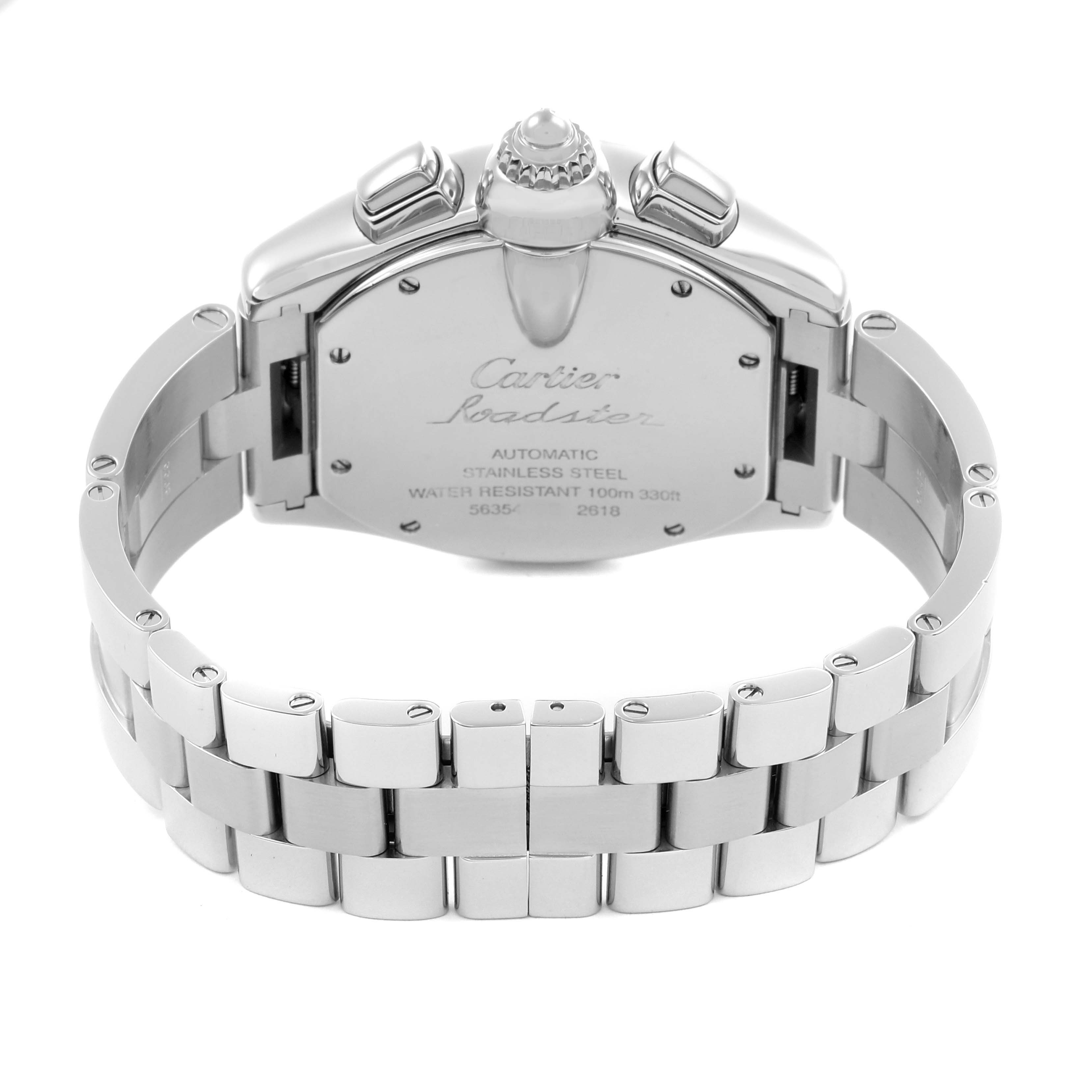 The image shows the rear view of a Cartier Roadster W62019X6 Men's Stainless Steel Silver Dial W62019X6 Men's Stainless Steel Silver Dial watch, highlighting the case back and stainless steel bracelet.