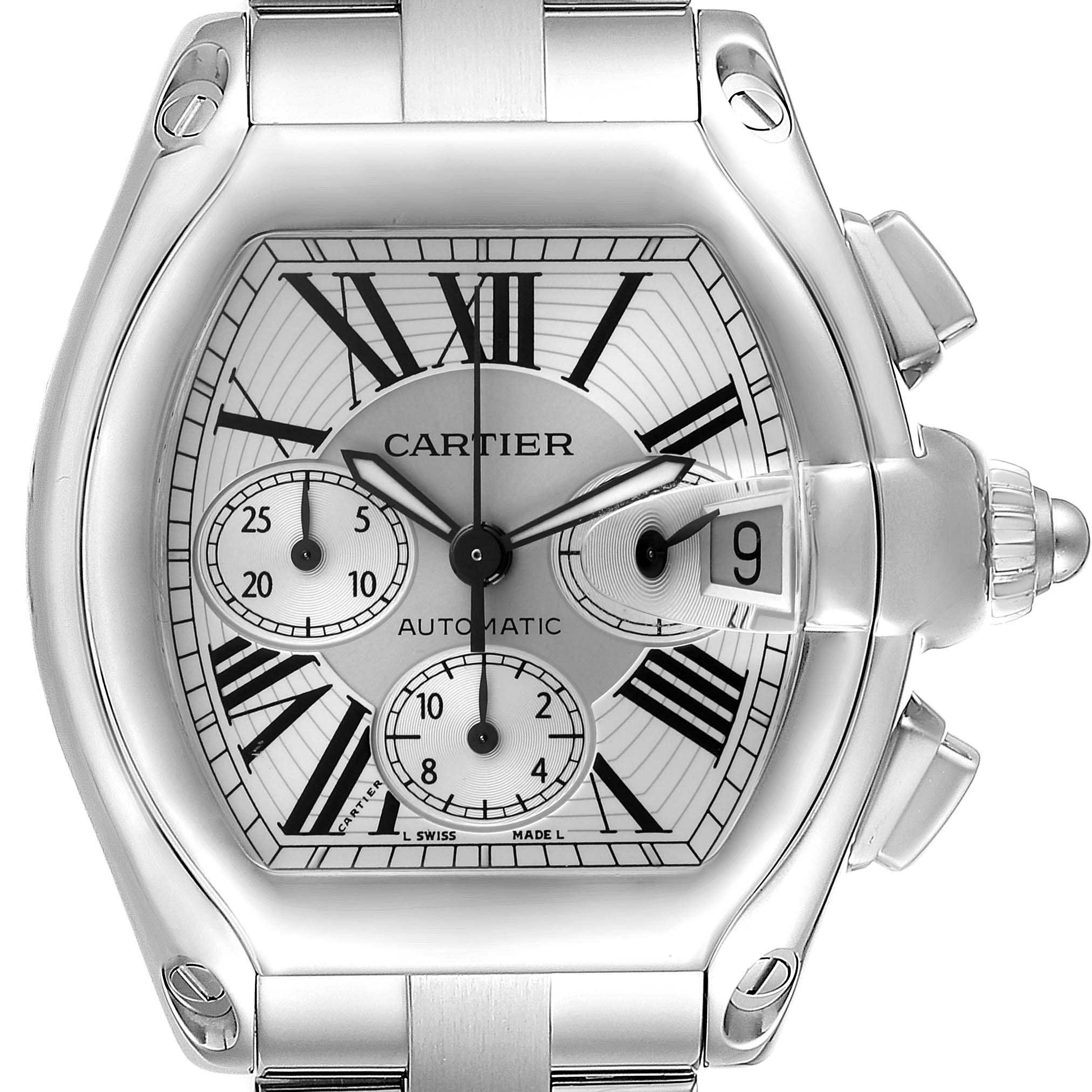 The Cartier Roadster W62019X6 Men's Stainless Steel Silver Dial W62019X6 Men's Stainless Steel Silver Dial watch is shown from the front, displaying its dial, date window, and chronograph subdials.