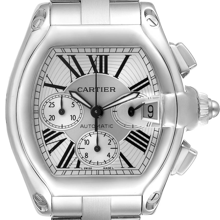 The Cartier Roadster watch is shown from the front, displaying its dial, date window, and chronograph subdials.