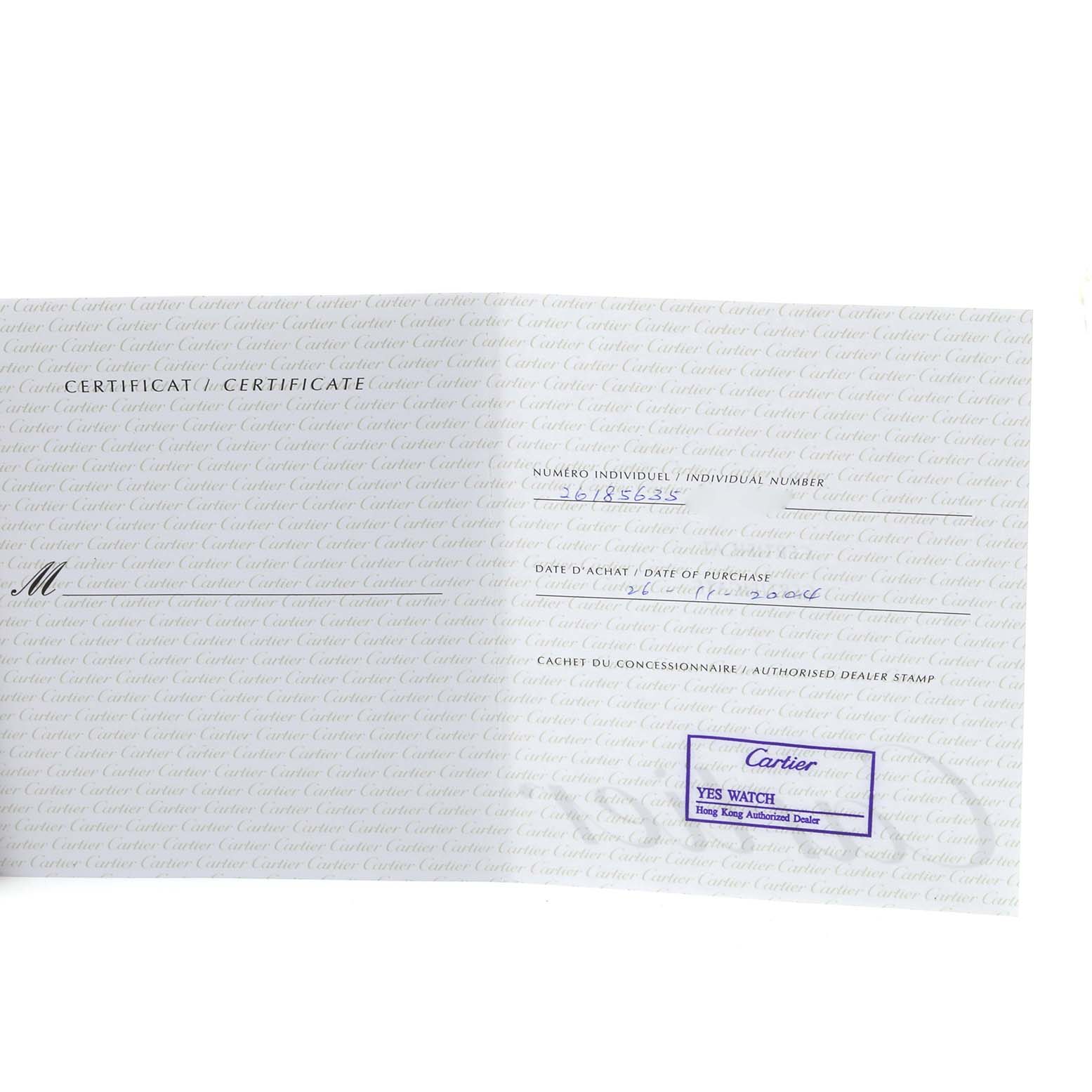 The image shows the certificate for the Cartier Roadster W62019X6 Men's Stainless Steel Silver Dial W62019X6 Men's Stainless Steel Silver Dial watch, detailing purchase information and dealer stamp.