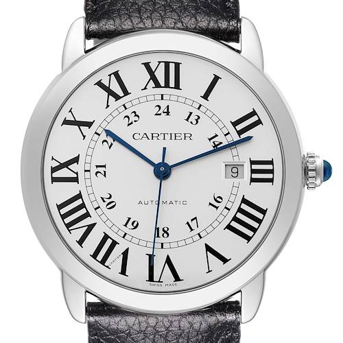 The Cartier Ronde watch is shown from the front, highlighting the dial, numerals, and date window.